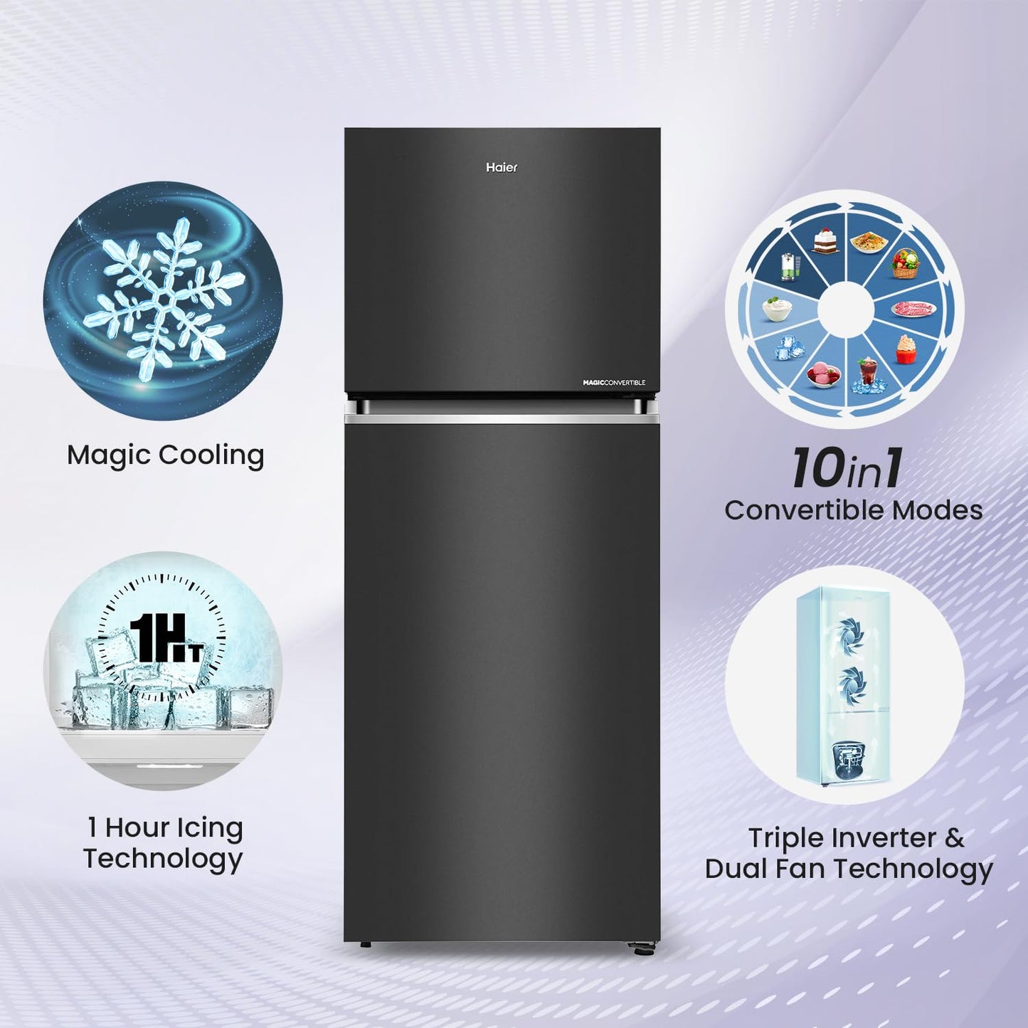 Haier 328 L, 3 Star, Convertible 10-in-1, Triple Inverter & Dual Fan Motor Technology, Frost Free Double Door Refrigerator (HEF-333GB-P, GE Black)