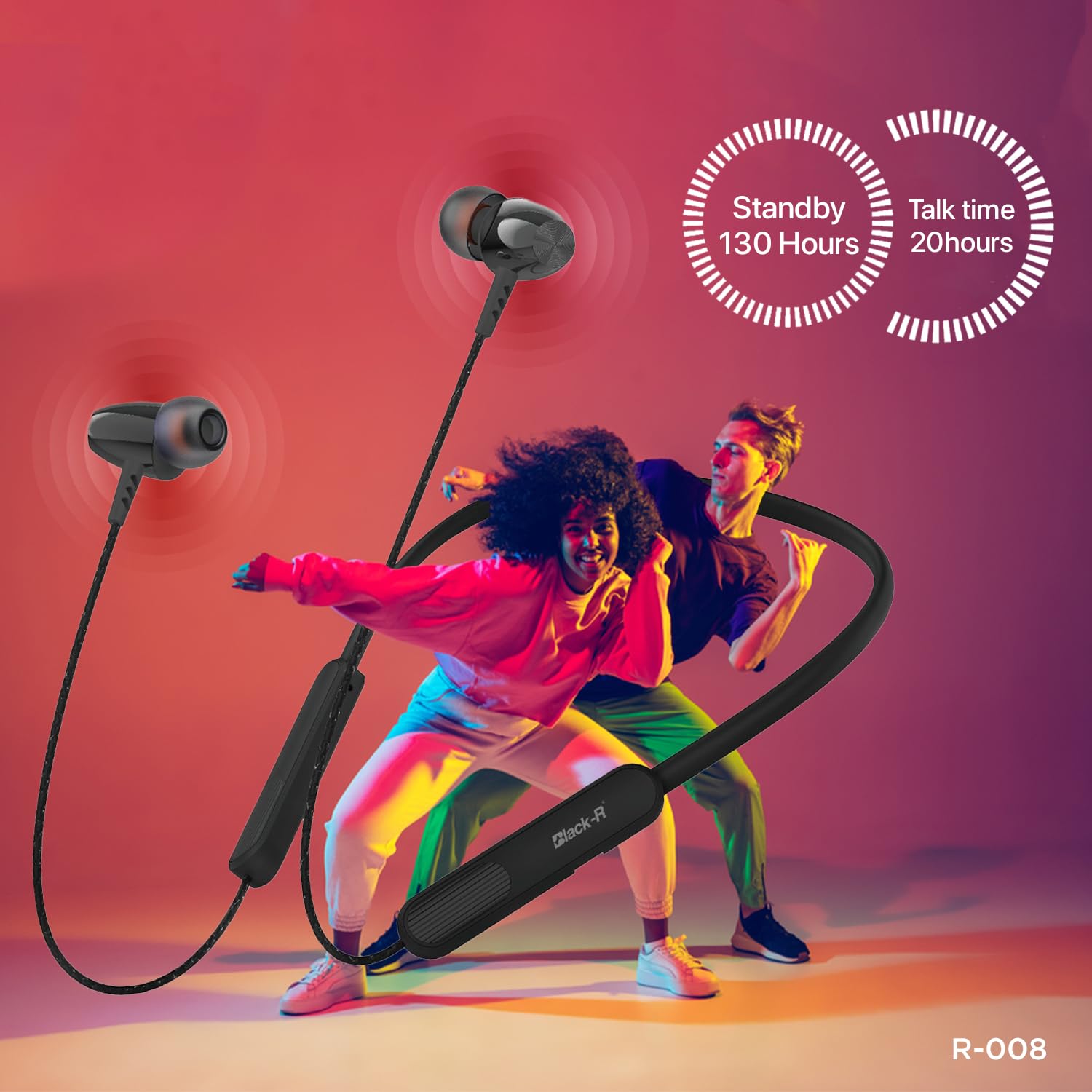 Black-R Wireless Earphone Bluetooth Headphones in Ear Neckband with Upto 130 Hours Playback, Bluetooth V5.4, Smart Bass, Lowest Latency Gaming, Wireless Headset, R-008 (Black)