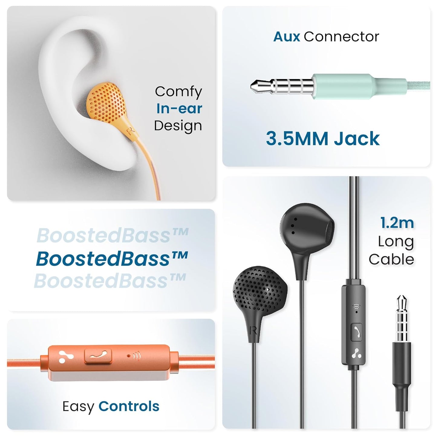 Ambrane Wired Earphones with Mic | 3.5mm Audio Jack | 14mm Driver for HD Sound & Deep Bass | Tangle-Free 1.2m Cable | In Ear Comfort Fit | Compatible with Mobiles, Tablets, Laptops, PCs (EP-83 Orange)