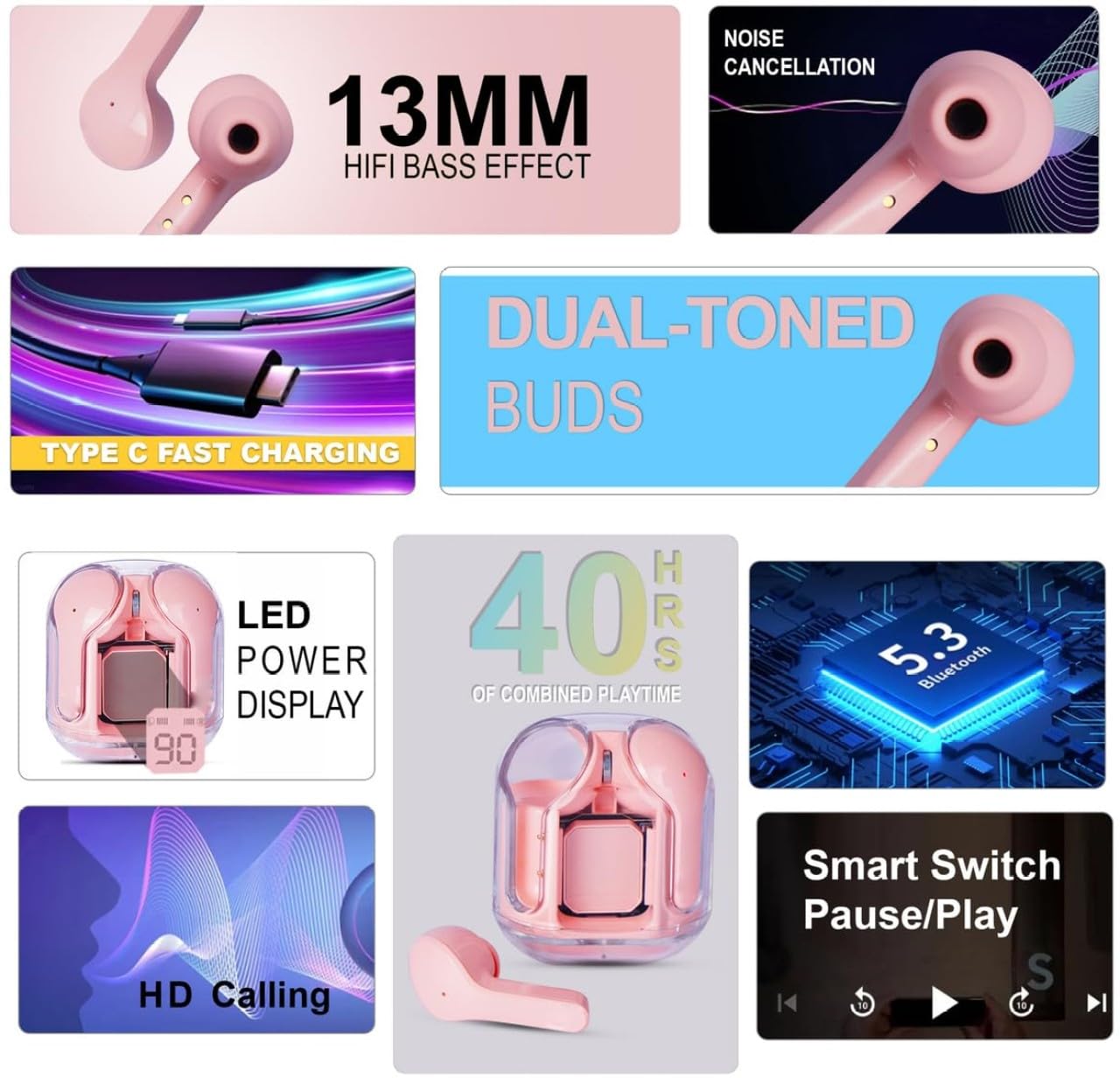 in-Ear Wireless Earbuds, Ultrapods max TWS Bluetooth Earphones with Charging Case and LED Digital Display, Microphone, Works with iPhone Android and Bluetooth Devices (Pink)