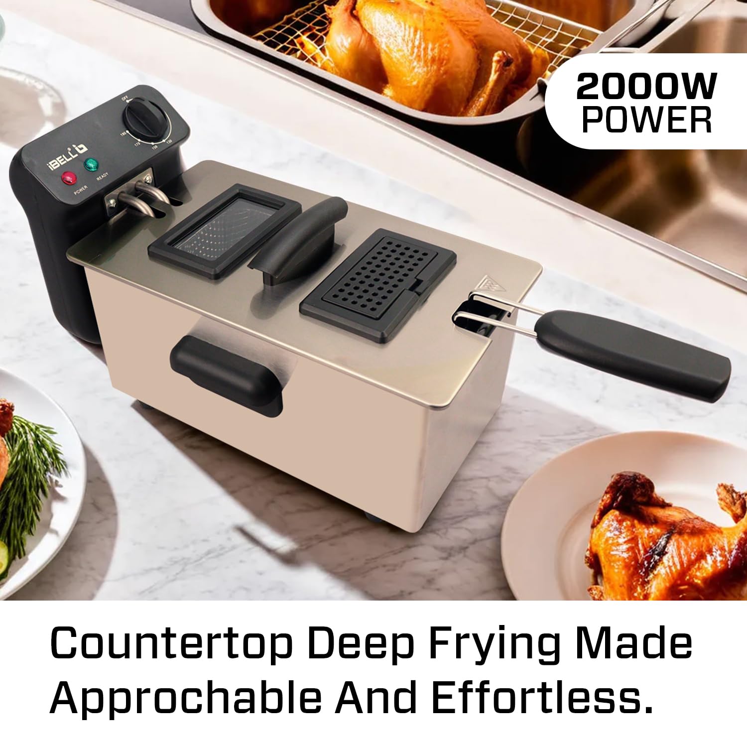 iBELL DF310M Electric Deep Fryer 3 Litre Stainless Steel 2000W with Variable Temperature Control Lid (Silver)