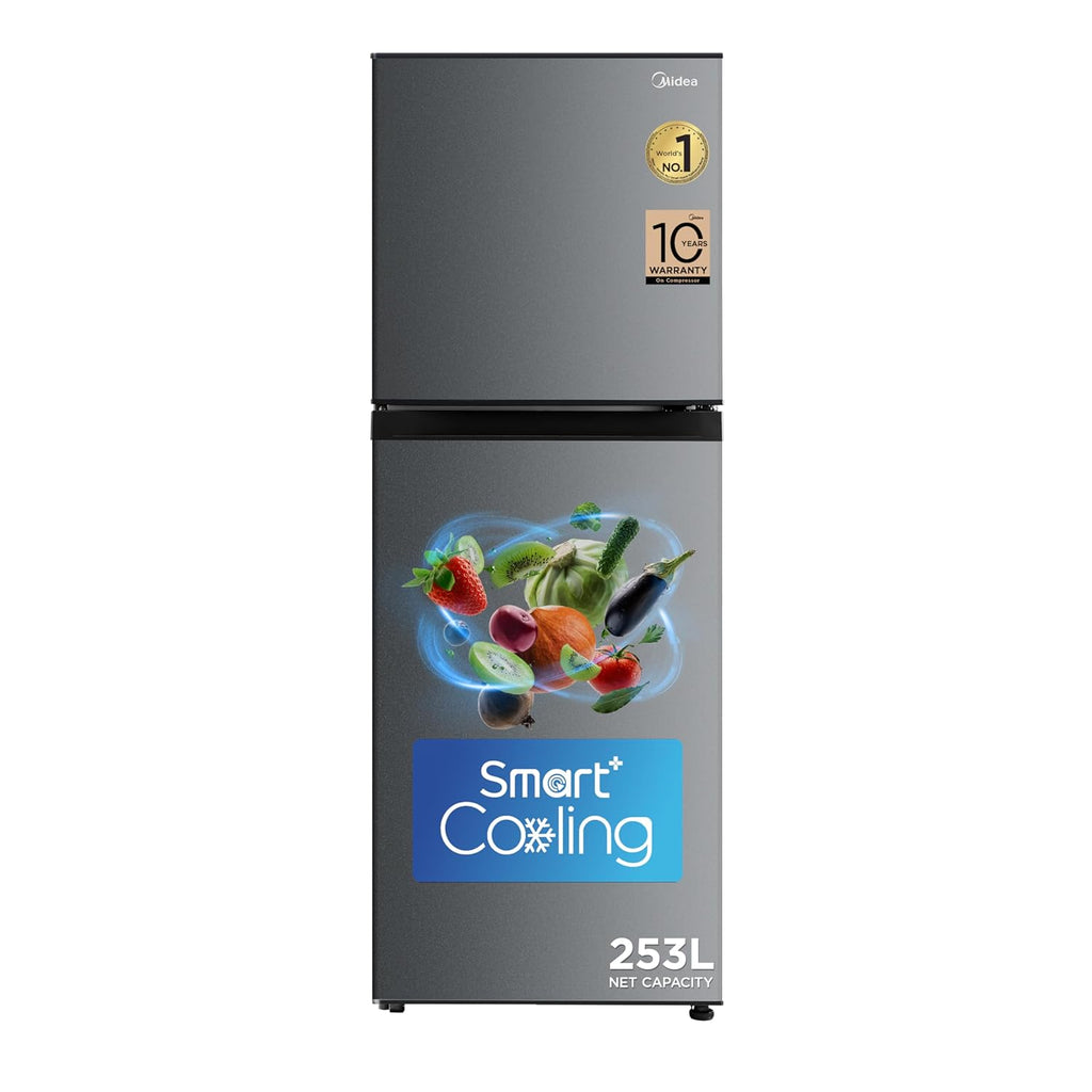 Midea 253 L,2 Star Frost Free Double Door Refrigerator with real Inverter Compressor, Deo Fresh TechnologyEnergy Efficient,Stabilizer Free Operation, Adjustable Shelves (MDRT350FGI50, Crystal Silver)