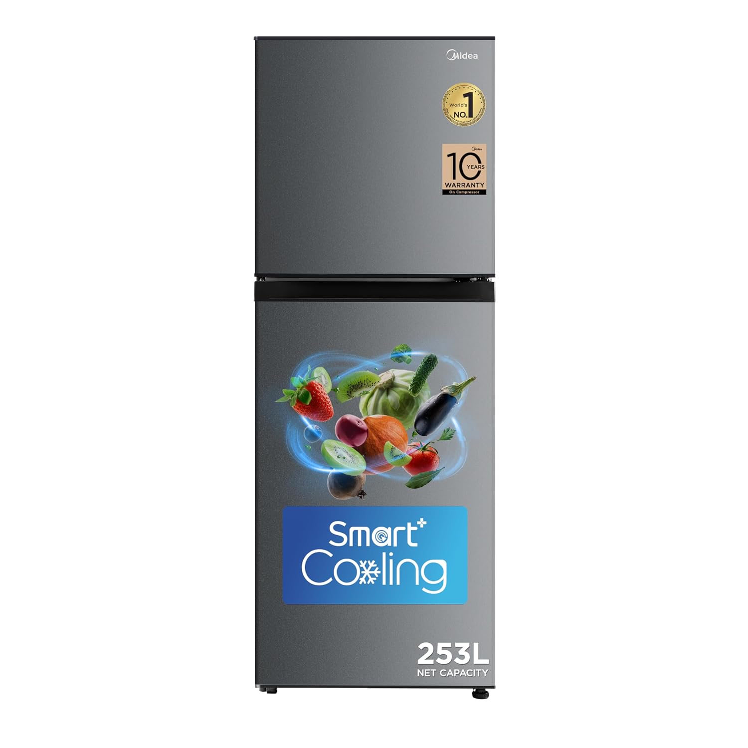Midea 253 L,2 Star Frost Free Double Door Refrigerator with real Inverter Compressor, Deo Fresh TechnologyEnergy Efficient,Stabilizer Free Operation, Adjustable Shelves (MDRT350FGI50, Crystal Silver)