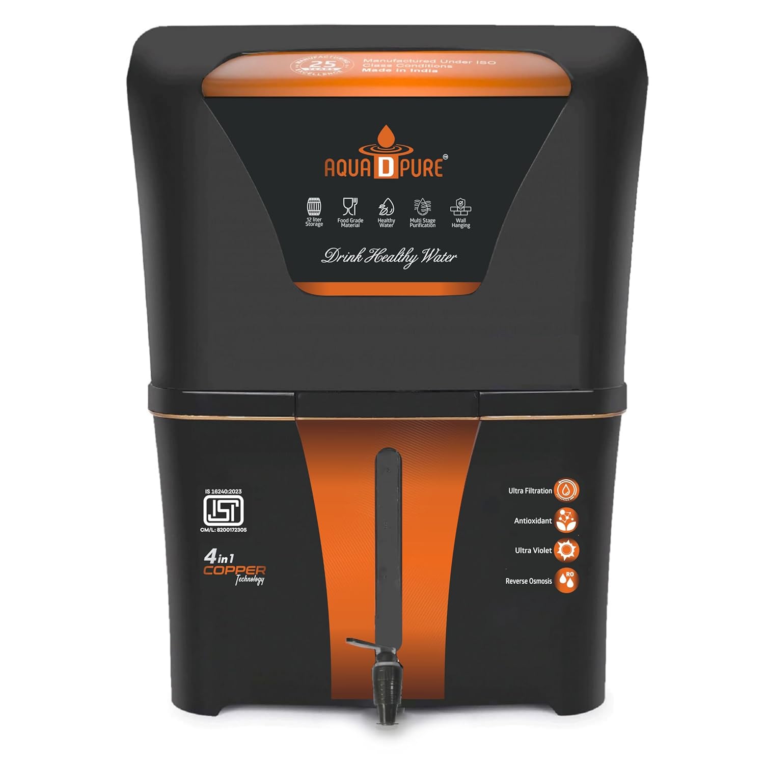 AQUA D PURE 4 in 1 Copper RO Water Purifier with 10 Stage Purification Filtration, UV, UF, TDS Adjuster and 12 Liter Large Storage Tank, Suitable for all type of water supply