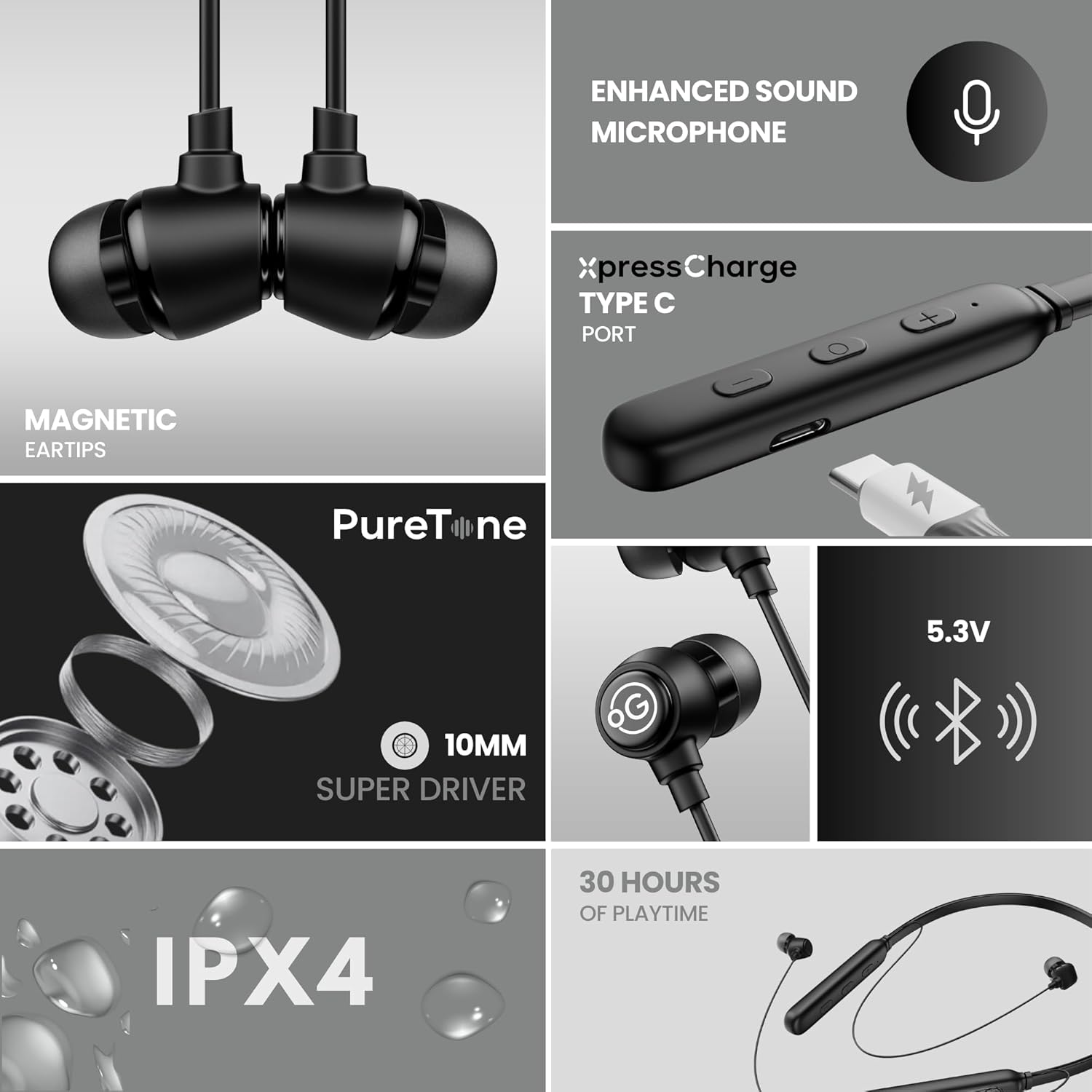OOGE Tune 8 Neckband Bluetooth Earphones, 30 Hours Playtime, Deep Bass, Type-C Fast Charge, Sweat Resistant, Magnetic Eartips, Sound Pulse Mic (Satin Black)