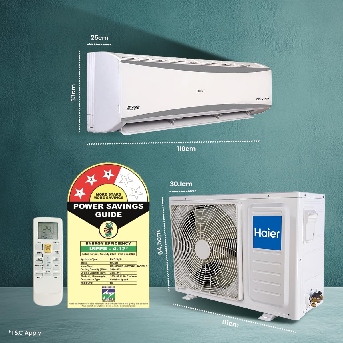 Haier 2.4 Ton 3 Star HEXA Inverter Split AC (7980 Watts, Copper, Super Heavy Duty, 7 in 1 Convertible, HD Filter, Cools at 60°C, 20 Mtrs Air Throw - HSU80SHD-AOW3BN-INV,White)