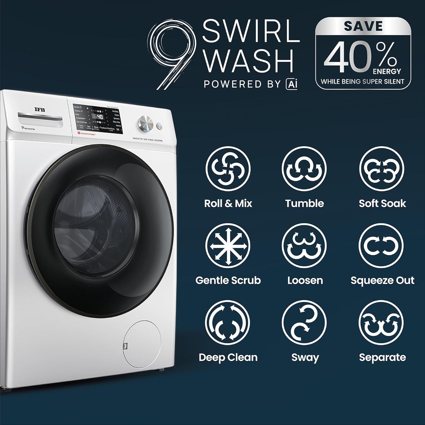 IFB 9 Kg 5 Star Powered by AI with 9 Swirl Wash, WiFi, Fully Automatic Front Load Washing Machine (Executive SXN 9014K, Steam Refresh Program with Eco Inverter, Rich Silver)