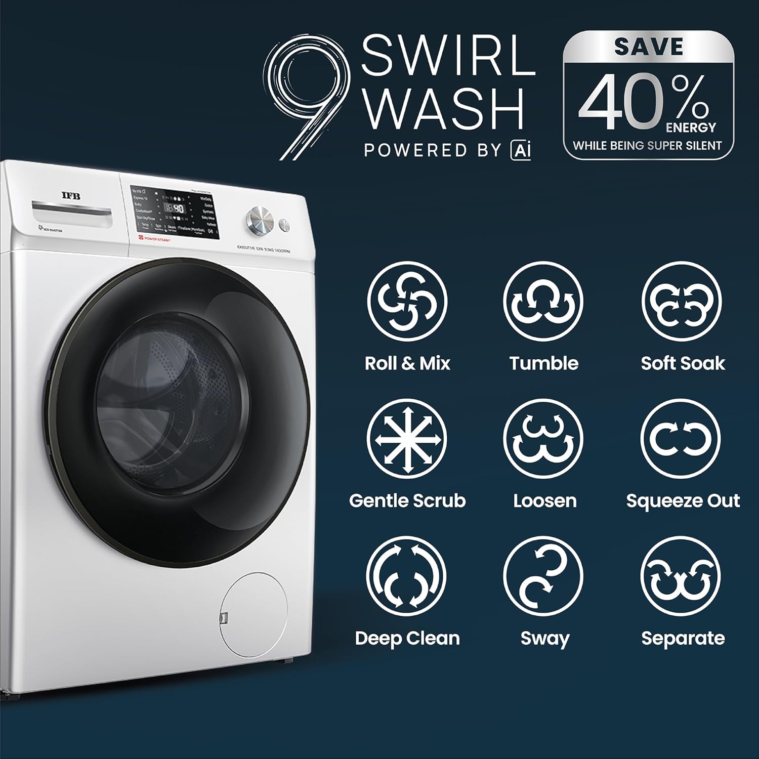 IFB 9 Kg 5 Star Powered by AI with 9 Swirl Wash, WiFi, Fully Automatic Front Load Washing Machine (Executive SXN 9014K, Steam Refresh Program with Eco Inverter, Rich Silver)