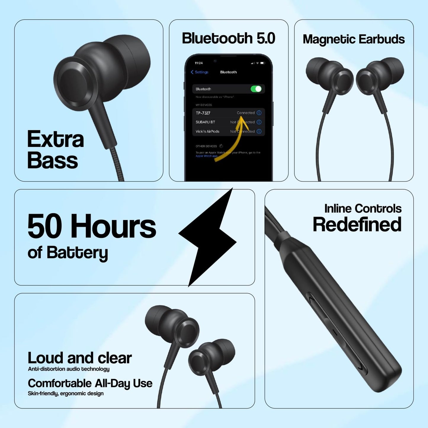TP TROOPS Wireless in-Ear Neckband Bluetooth In Ear Earphones with 10mm Drivers, Rich Music Experience, 50 Hours Playtime, Type C Fast Charging, Neckband Earphones with Voice Assistant (Black)