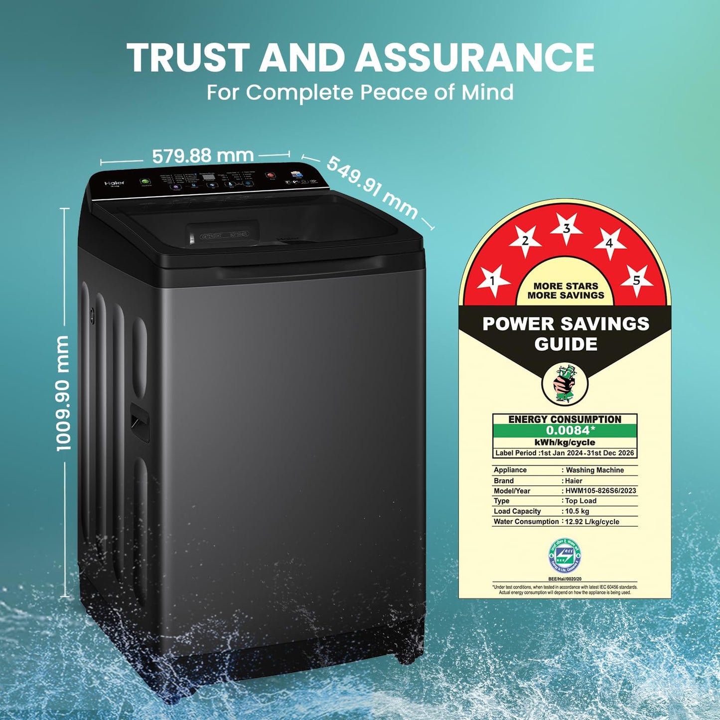 Haier 10.5 kg 5 Star Inbuilt Butterfly heater, Oceanus Wave Drum Washing Machine Fully Automatic Top Load (HWM105-H688BK,Black)