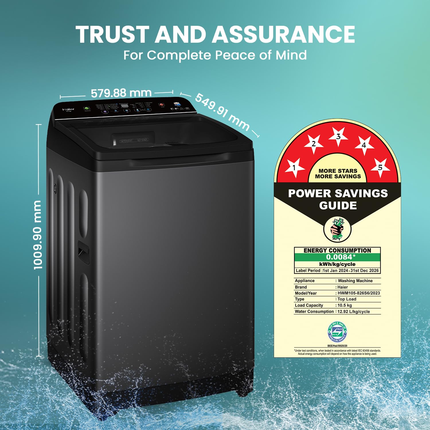 Haier 10.5 kg 5 Star Inbuilt Butterfly heater, Oceanus Wave Drum Washing Machine Fully Automatic Top Load (HWM105-H688BK,Black)