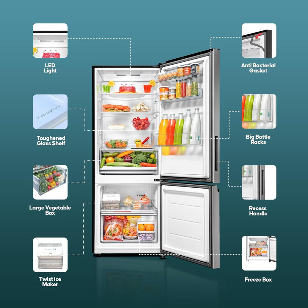 Haier 325 L 2 Star Frost Free Bottom Mount Double Door Refrigerator | Jhukna Mat - Bottom Freezer | Twin Inverter | Twist Ice Maker | 1 Hour Icing Technology (HRB-3502BS-P, Brushline Silver)