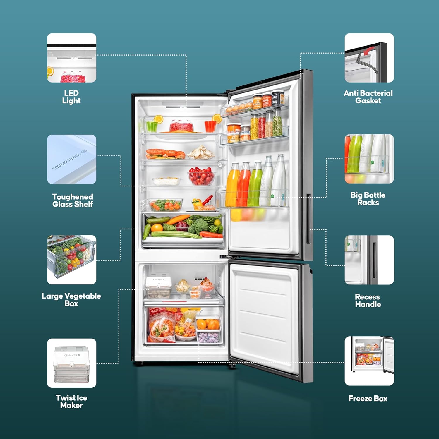 Haier 325 L 2 Star Frost Free Bottom Mount Double Door Refrigerator | Jhukna Mat - Bottom Freezer | Twin Inverter | Twist Ice Maker | 1 Hour Icing Technology (HRB-3502BS-P, Brushline Silver)