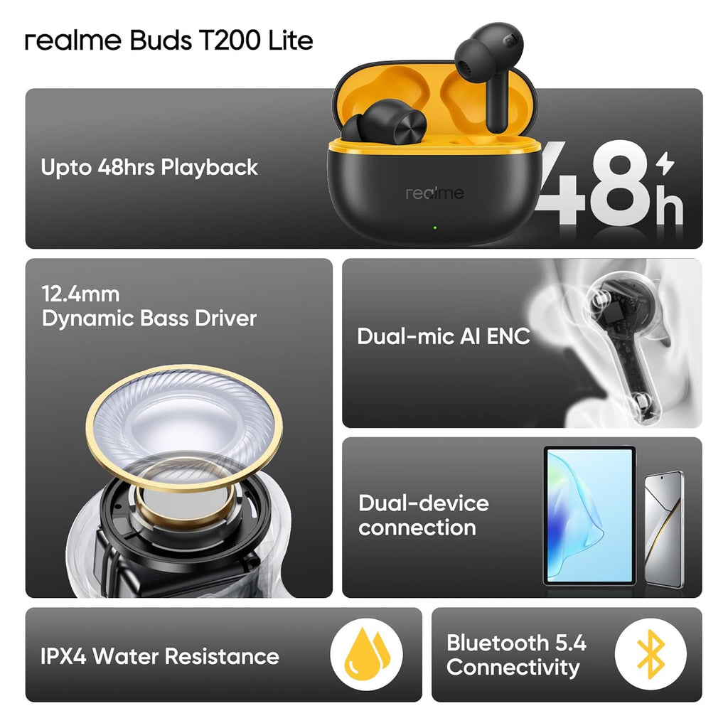 realme Buds T200 Lite Bluetooth in Ear Earbuds,4 Mic, AI ENC for Calls,48 Hours Total Playback with Fast Charging and Low Latency Gaming TWS,Google Fast Pair, with mic (Volt Black)