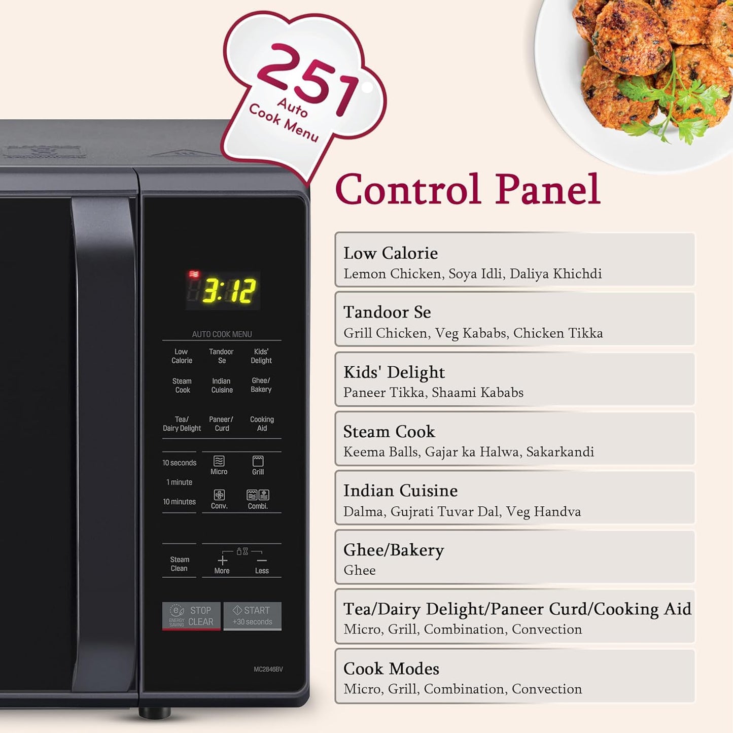 LG 28 L Convection Microwave Combination OvenOven (MC2846BV, Black, Auto Cook, Defrost, Indian Cuisine, Tandoor Se, Child Lock, Steam Cook & Stainless Steel Cavity)