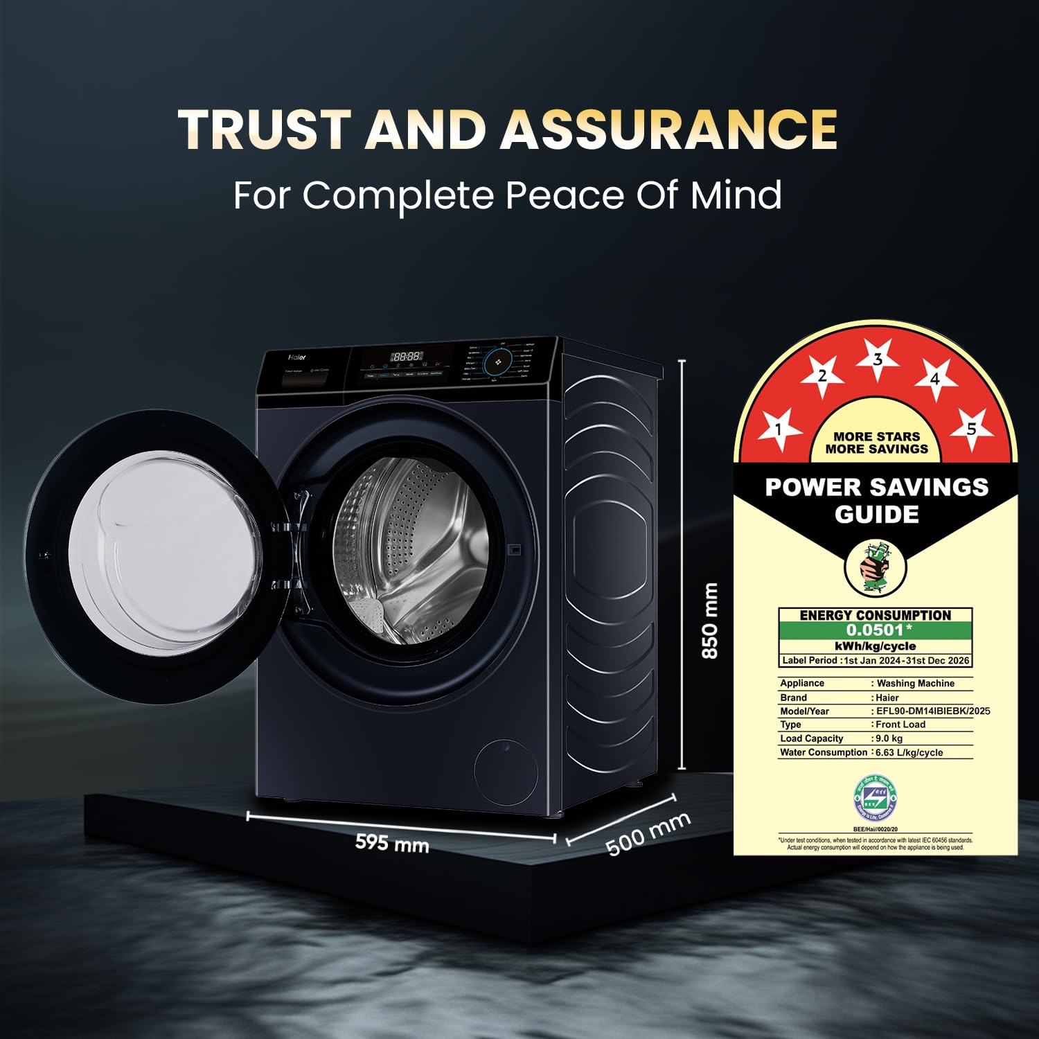 Haier 9 Kg 5 Star Powered by AI-DBT with Direct Drive Technology, PuriSteam, 525mm Super Drum Fully Automatic Front Load Washing Machine (EFL90-DM14IBIEBK,In-Built Heater,Steel Drum,Black)