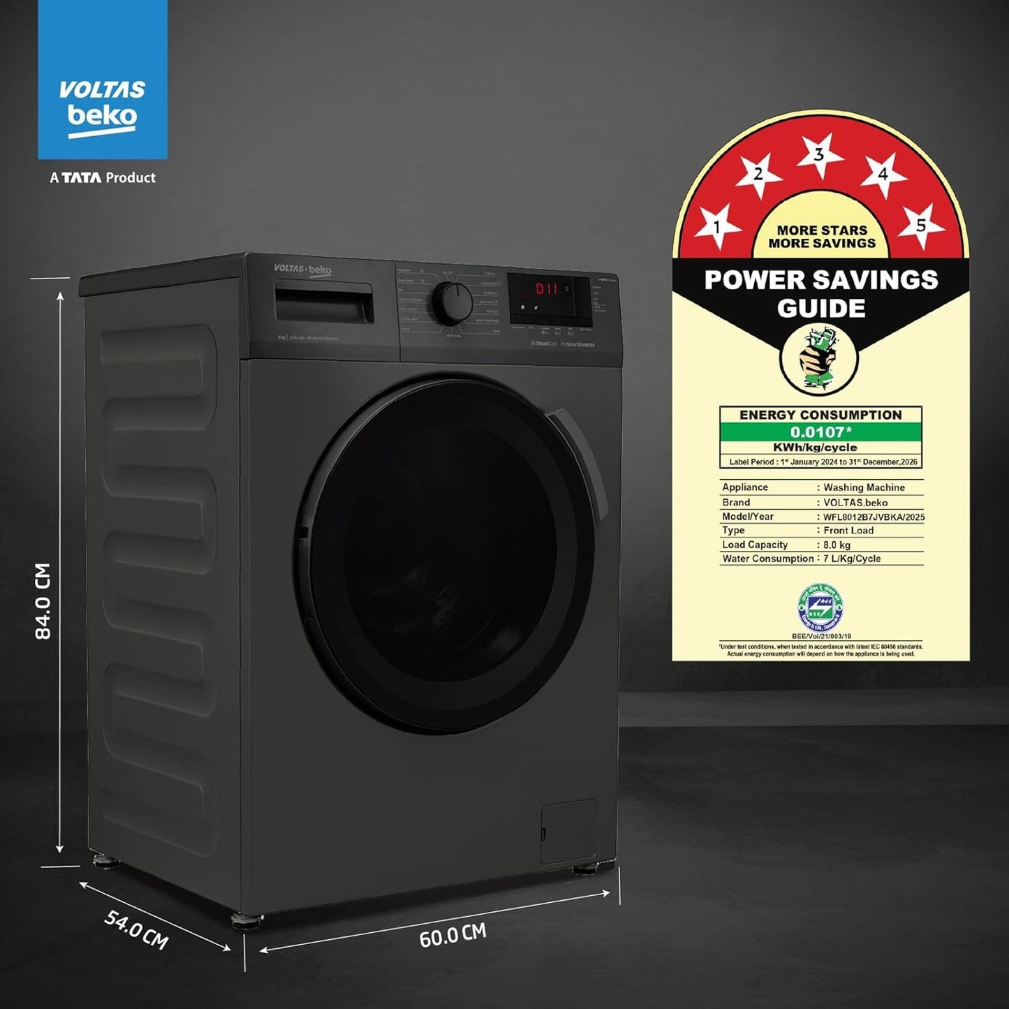 Voltas Beko, A Tata Product 8 Kg 5 Star Inverter Quick wash Fully-Automatic Front Loading Washing Machine (WFL8012B7JVBKA/AXV, Anthracite, In buit Heater/Hygiene steam)