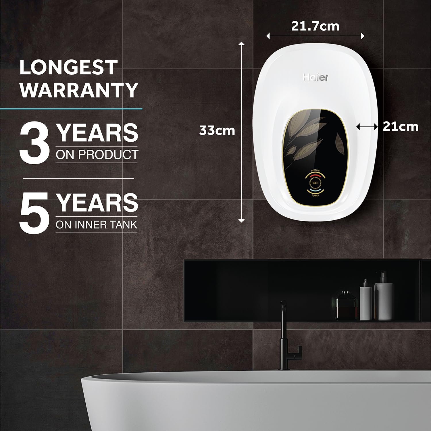 Haier Pret White Geyser 3 Litre 3KW Fast Heating Glass-Lined Instant Water Heater ABS Out Body for High-rise Building 8 Bar Instant Geyser for Kitchen& Bathroom, Wall-Mounting