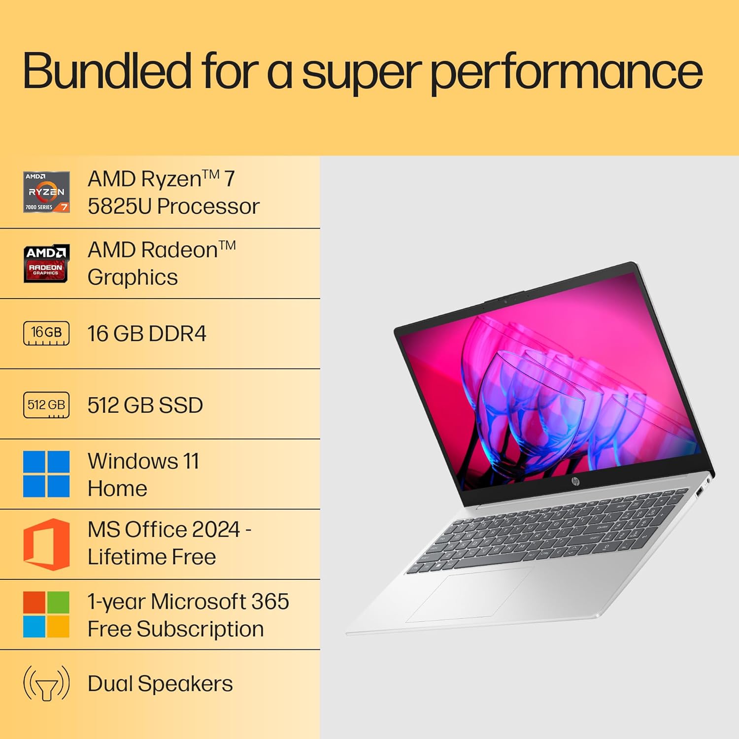HP 15, AMD Ryzen 7 5825U (16GB DDR4, 512GB SSD) FHD, Anti-Glare, Micro-Edge,15.6''/39.6cm, Win11, M365(1yr)* Office24, Silver, 1.59kg, fc0476AU, Radeon Graphics, FHD Camera w/Shutter, Backlit Laptop