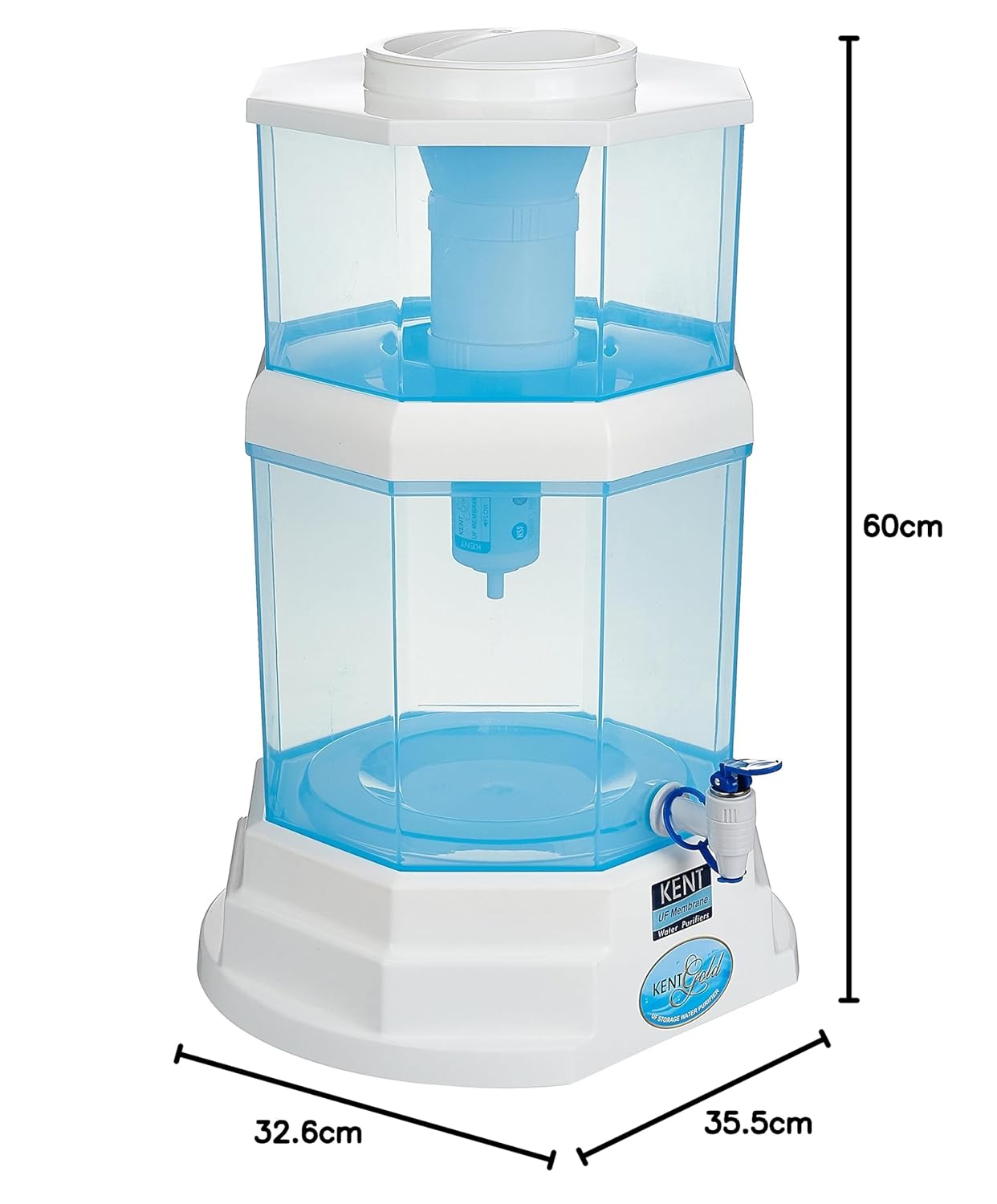 KENT Gold Gravity Water Purifier (11014) | UF Technology Based | Non-Electric & Chemical Free | Counter Top | 20L Storage | White