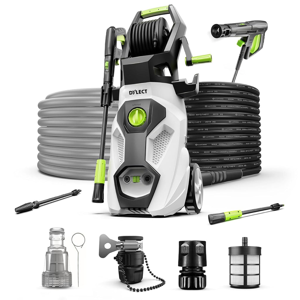 DYLECT Ultra Flow Plus High Pressure Car Washer Pump, 1900 Watts Power Motor, 130 Bars Pressure, 6.5L/Min Flow Rate, 5m Outlet Hose, Upright Design for Bike, Home Cleaning, Includes 11 Accessories