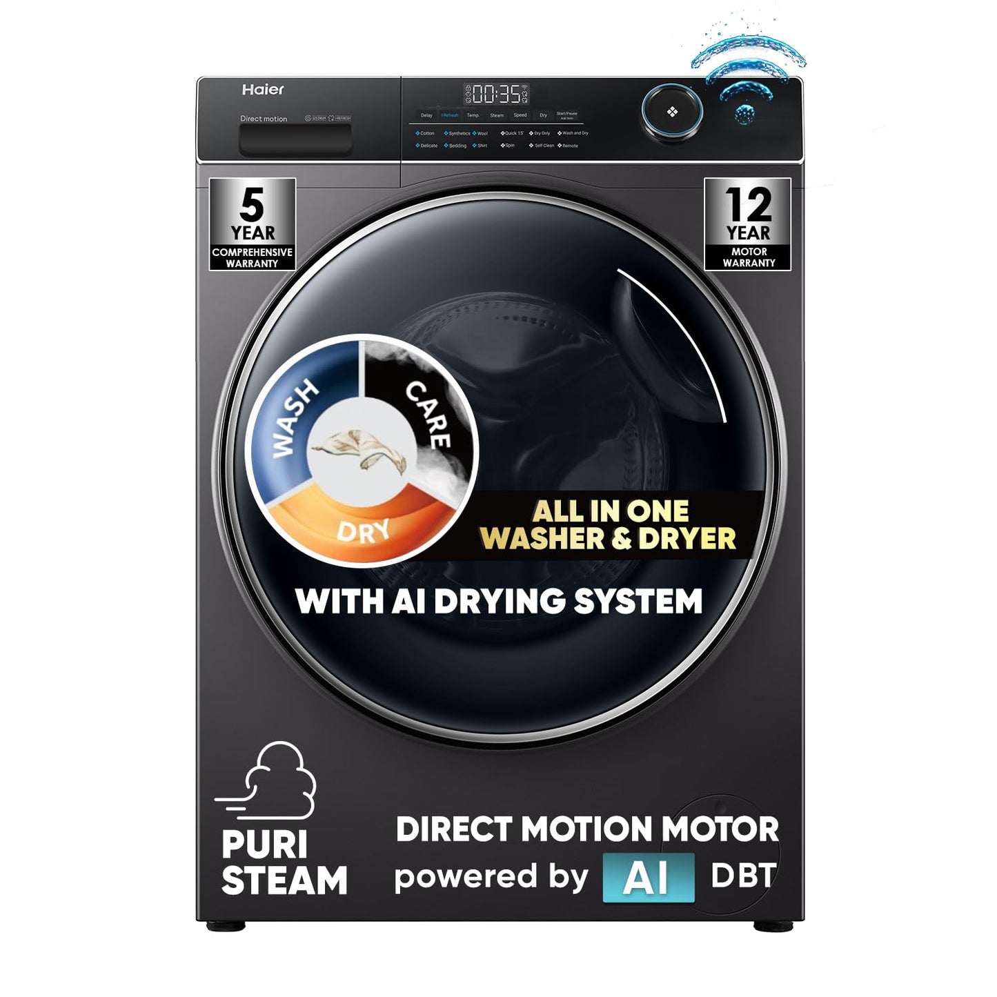 Haier 9 Kg 5 Star Powered by AI-DBT with Direct Drive Technology, PuriSteam, 525mm Super Drum Fully Automatic Front Load Washing Machine (EFL90-DM14IBIEBK,In-Built Heater,Steel Drum,Black)
