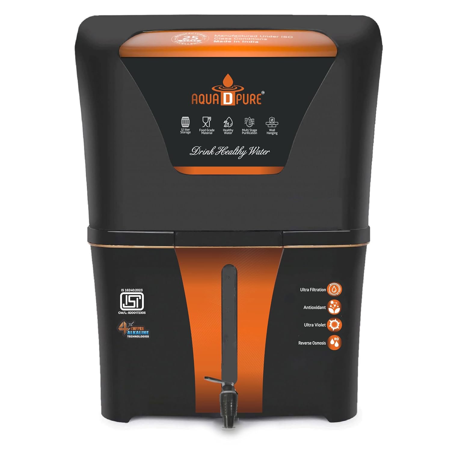 AQUA D PURE Copper + Alkaline RO Water Purifier 12L RO+UV+UF Copper+Bio-Alkaline +TDS Control+UV Purified Water with Goodness of RO Water Purifier, Black