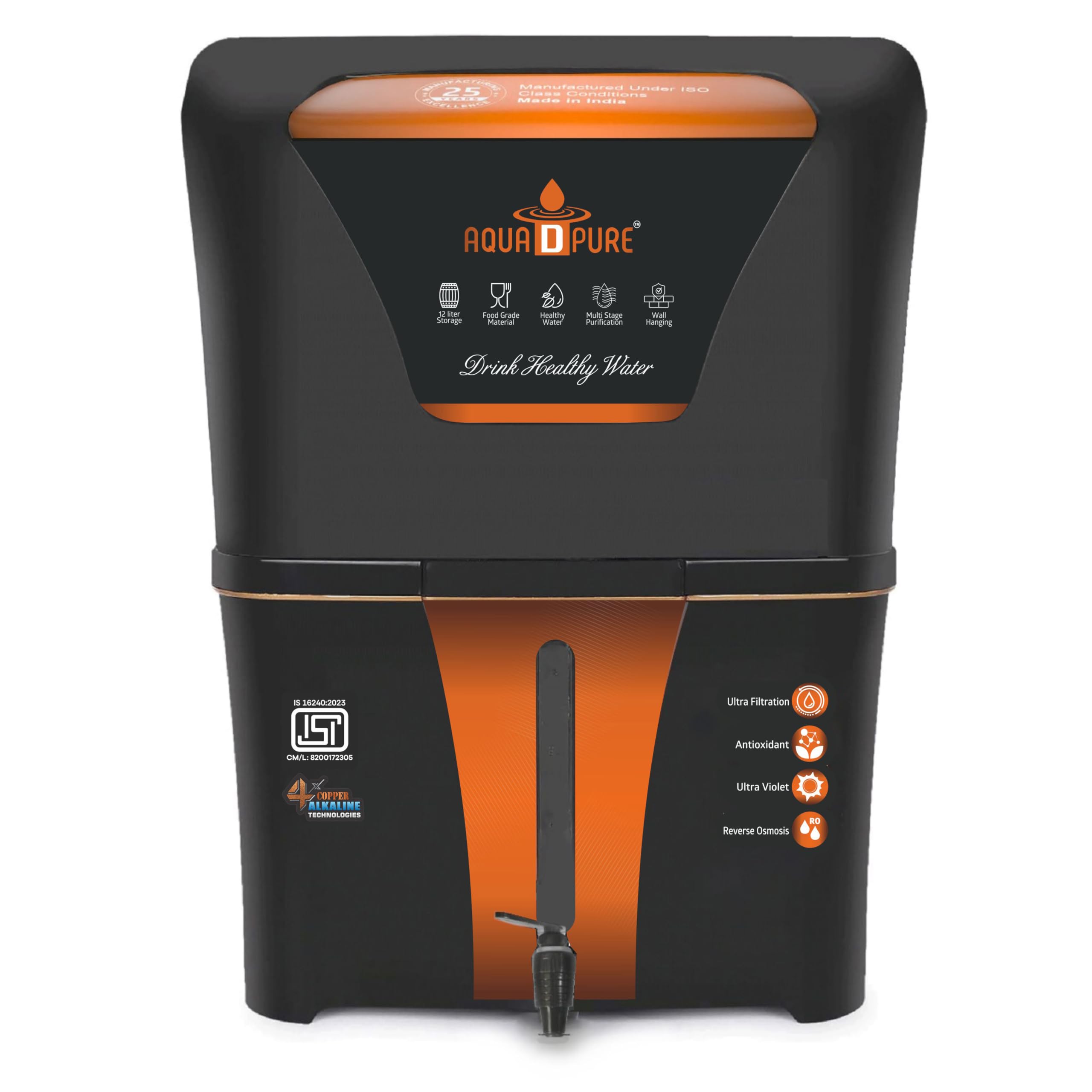AQUA D PURE 4 in 1 Copper RO Water Purifier with 10 Stage Purification Filtration, UV, UF, TDS Adjuster and 12 Liter Large Storage Tank, Suitable for all type of water supply