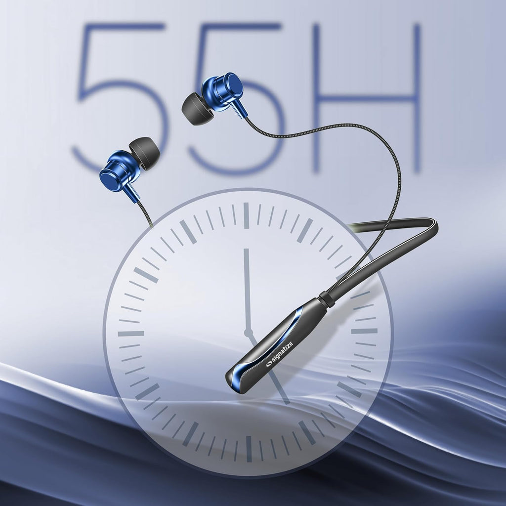 SIGNATIZE Neckband Bluetooth Headphones with 55 Hours Playtime with 10mm Drivers, Rich Music Experience, BT 5.3v, Type C Fast Charging, Neckband Earphones & IPX4 Water Resistant (Blue)