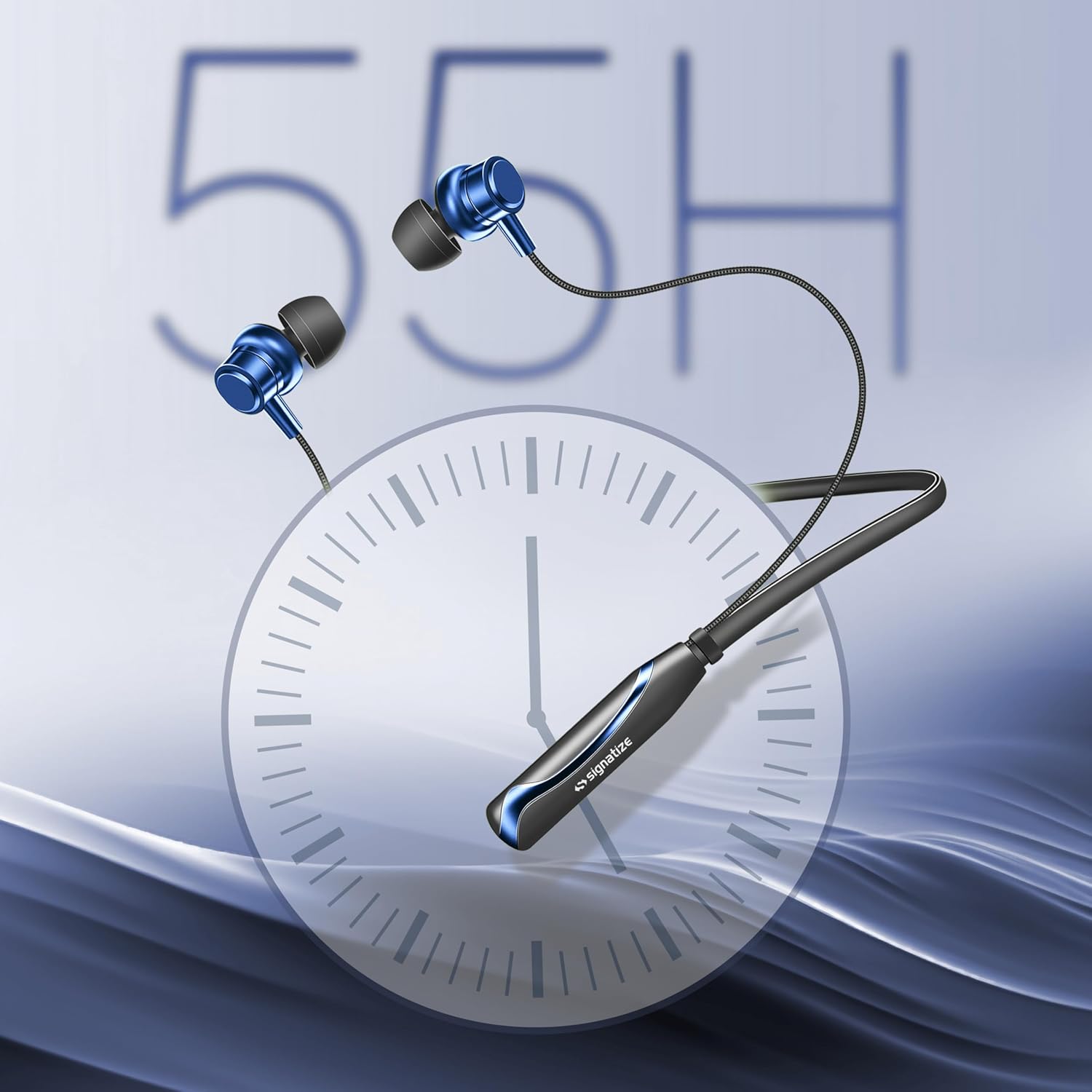 SIGNATIZE Neckband Bluetooth Headphones with 55 Hours Playtime with 10mm Drivers, Rich Music Experience, BT 5.3v, Type C Fast Charging, Neckband Earphones & IPX4 Water Resistant (Blue)