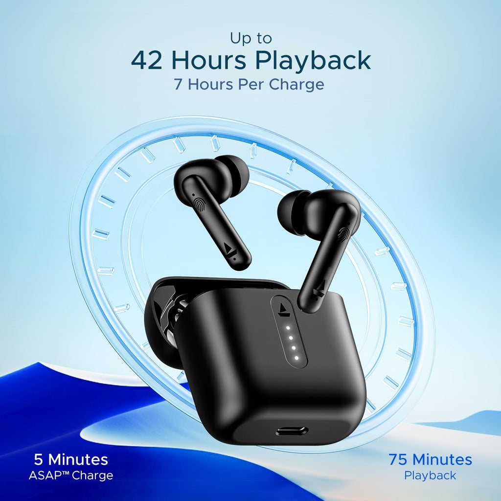 boAt Airdopes 141/8, Low Latency, ENx Tech, 42HRS Battery, Fast Charge, IWP, IPX4, v5.1 Bluetooth Earbuds, TWS Ear Buds Wireless Earphones with mic (Bold Black)