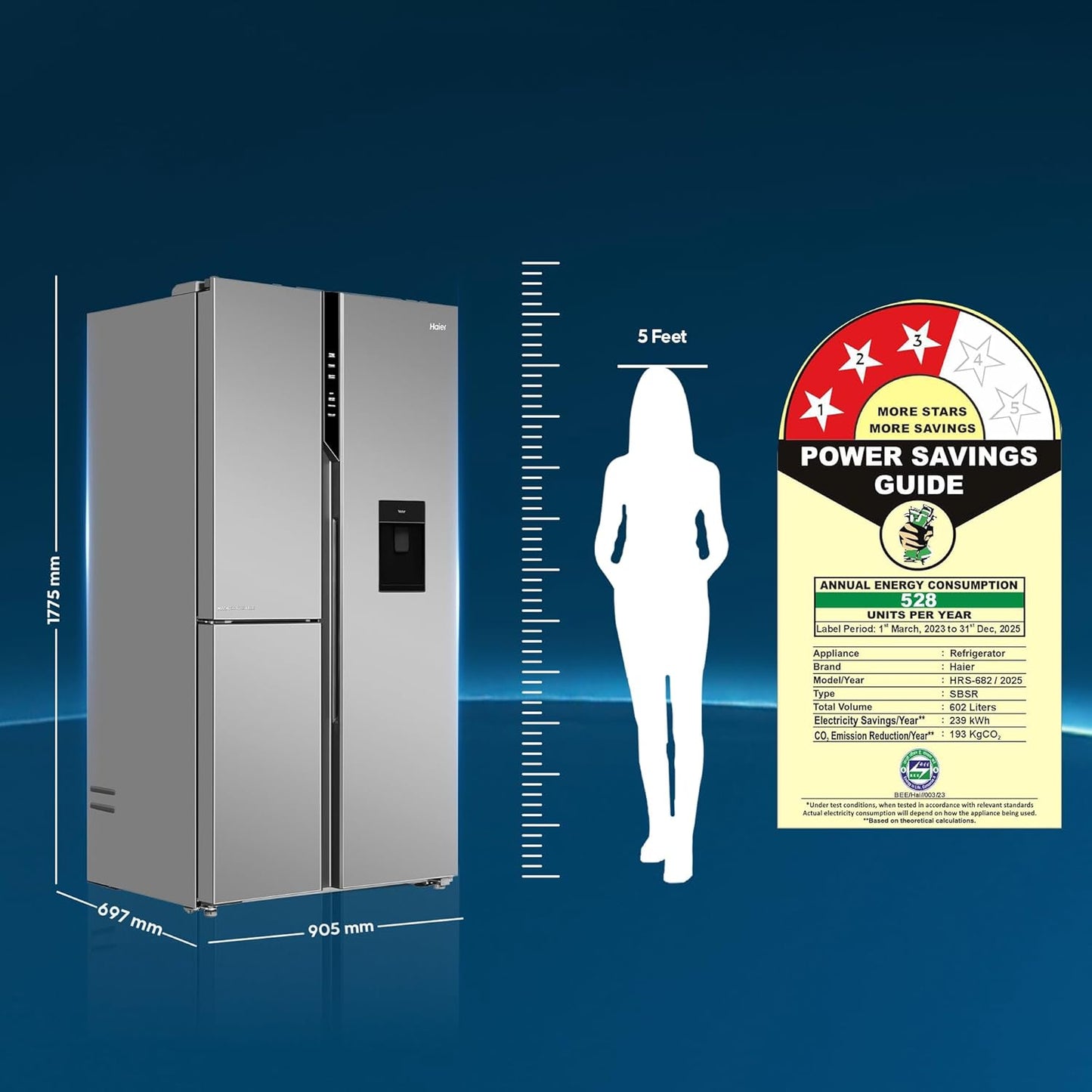Haier 592L 3Star 3-Door Water Dispenser Side by Side Frost Free Refrigerator|Convertible|Smart Sense AI|Inverter|Digital Display Panel|Deo Fresh Technology (2025 Model, HRT-683WISU1, Inox Steel)