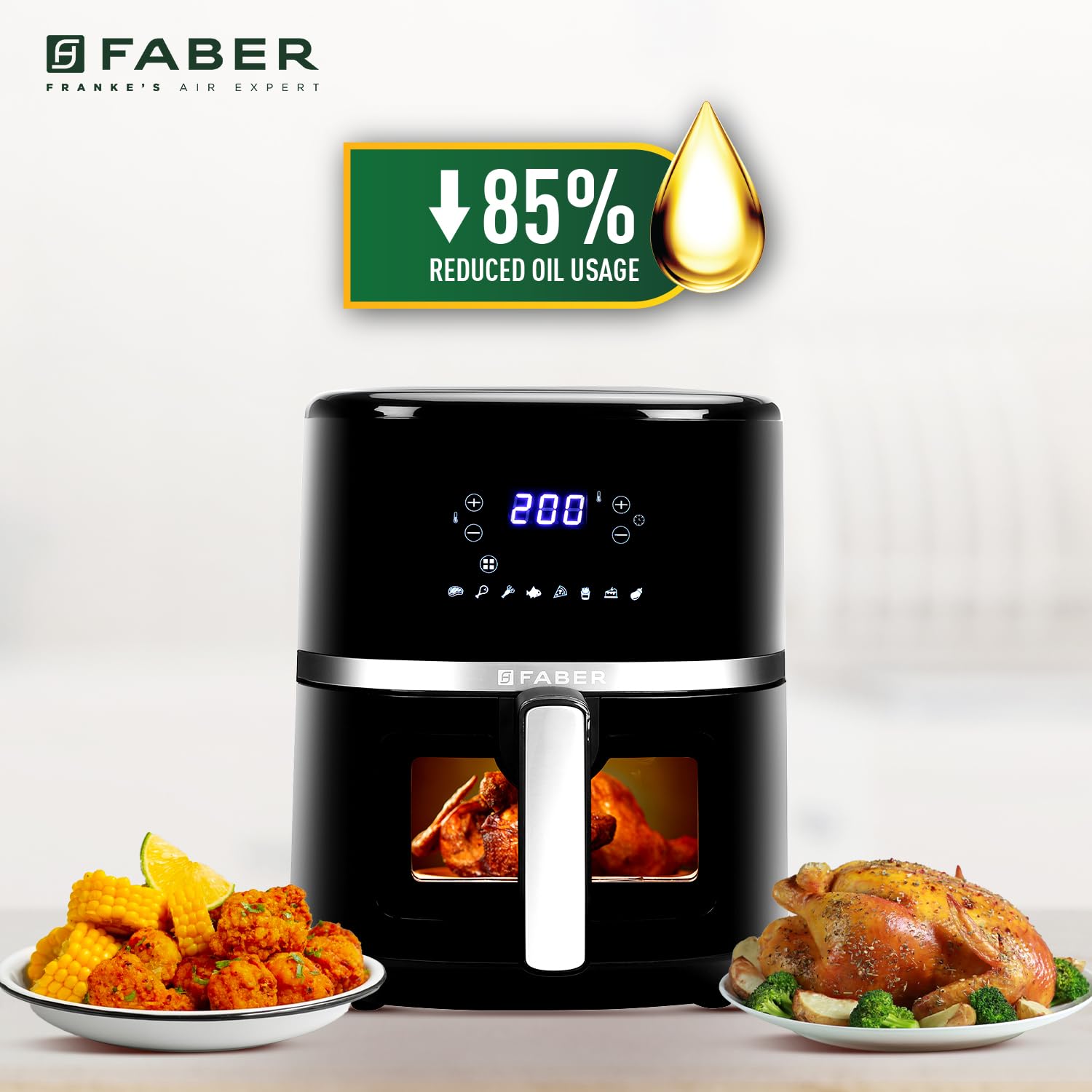 Faber 6L 1500W Digital Air Fryer | Fry, Bake, Roast, Toast, Defrost, Grill & Reheat | 85% Less Oil, 360° Air Cooking | 8-Preset Menu, LED Display & Touch Control, Non-Stick Pan, View Window | (Black)