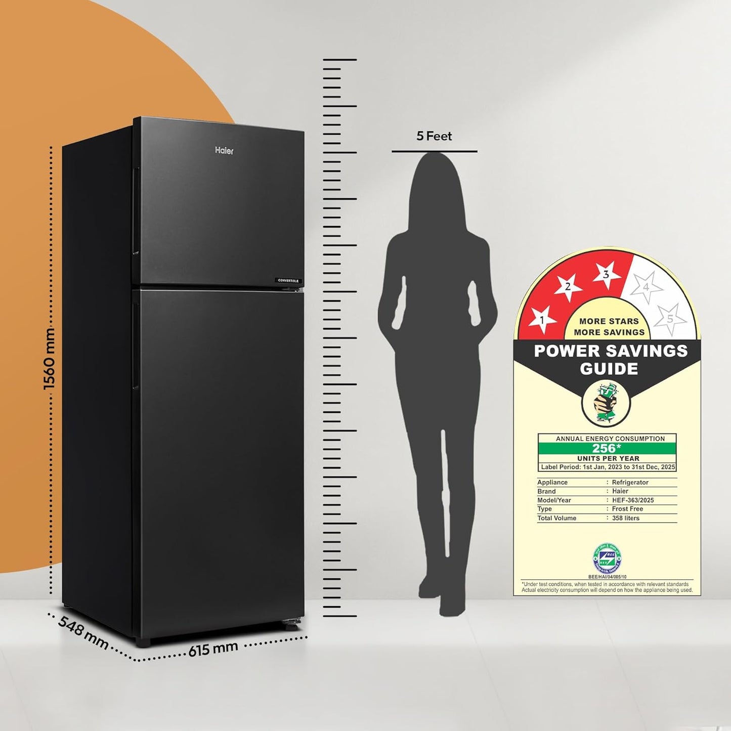 Haier 240L 3 Star Frost Free Top Mount Double Door Refrigerator|5 In 1 Convertible Modes|Twin Inverter|200% Faster Ice Making in 49 Minutes (HEF-253GB-P, GE Black)