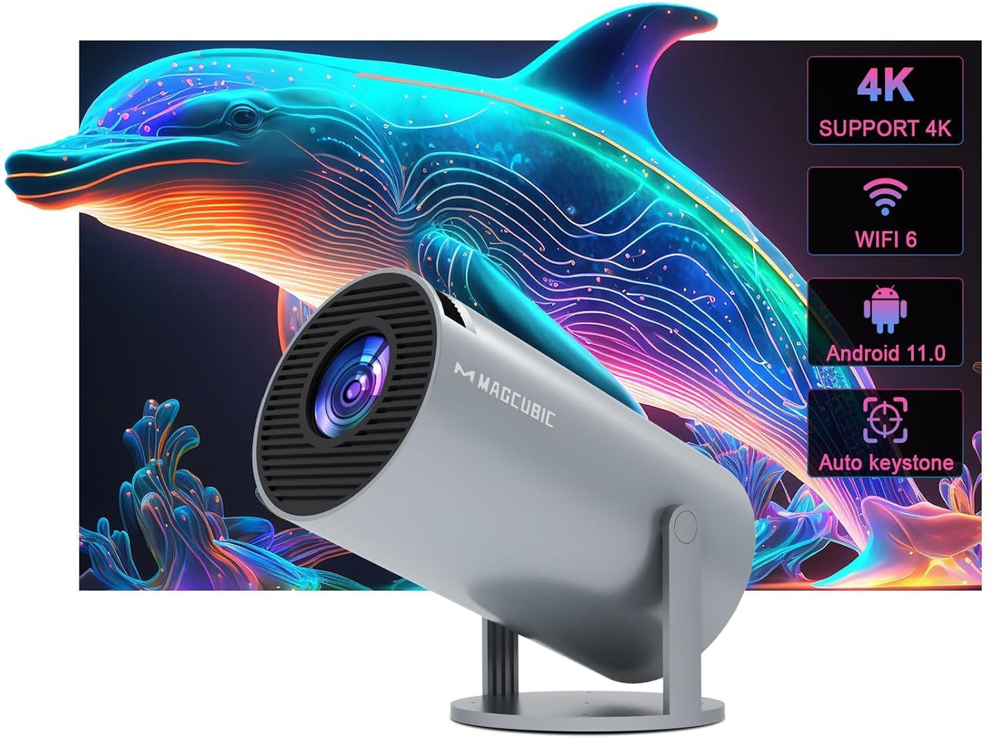 BIGASUAO Mini Projector 4K 1080P Supported, 15000 Lumen Portable WiFi 6 Projector,270° Rotatable Projector with 50% Zoom Home/Outdoor Movie Projector for TV Stick/PS5/Phone/HDMI (BGP37)