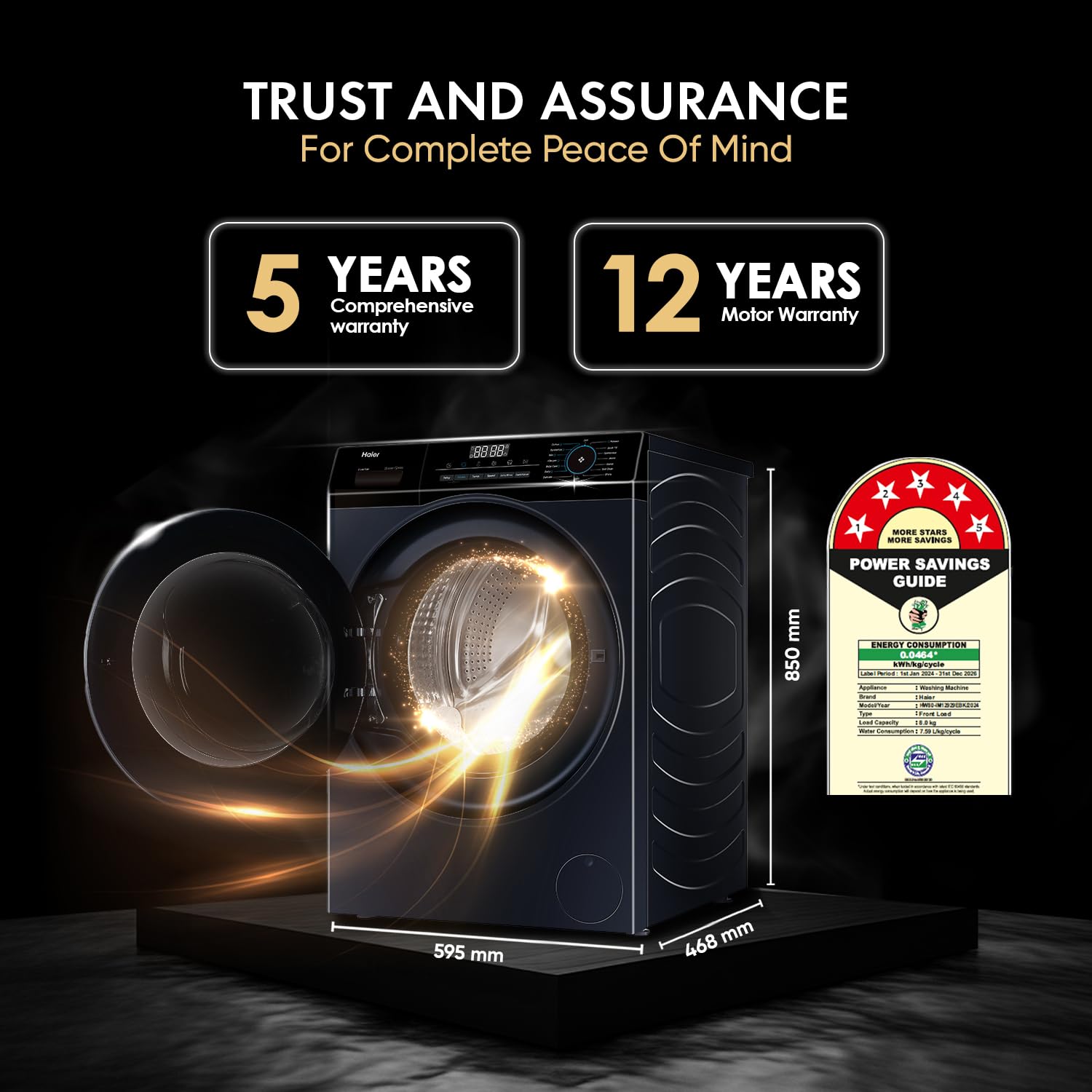 Haier 8 Kg Frontload with 525 Super drum, Refresh, AI DBT and 5 Star rating (HWM80-IM12929EBK)