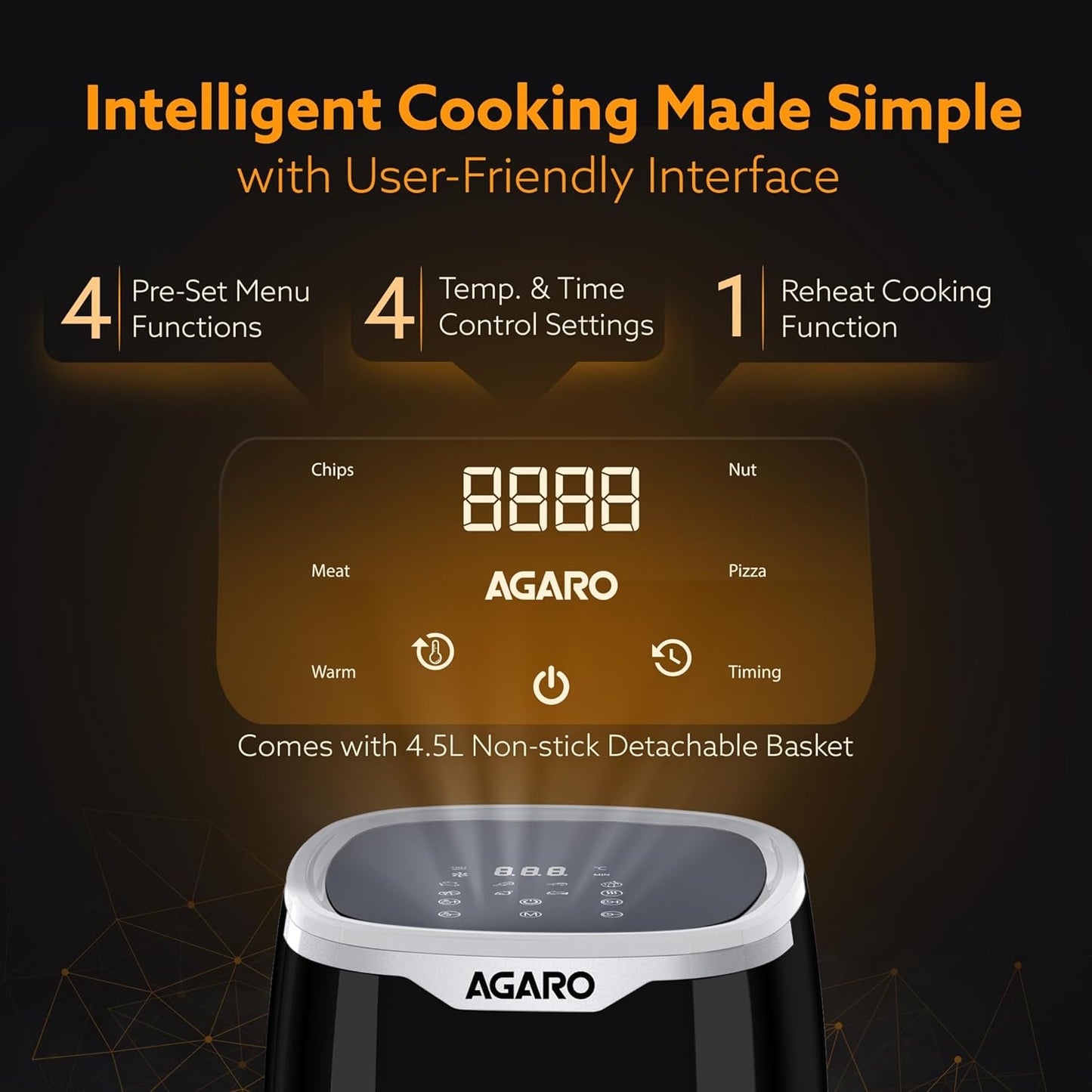 AGARO Galaxy Digital Air Fryer For Home, 4.5L, Electric Air Fryer, Convection Oven, 1400W, 7 Preset Programs & Reheat, 360 Degrees Air Circulation, Digital Touch Display, Bake, Roast, Toast, Black