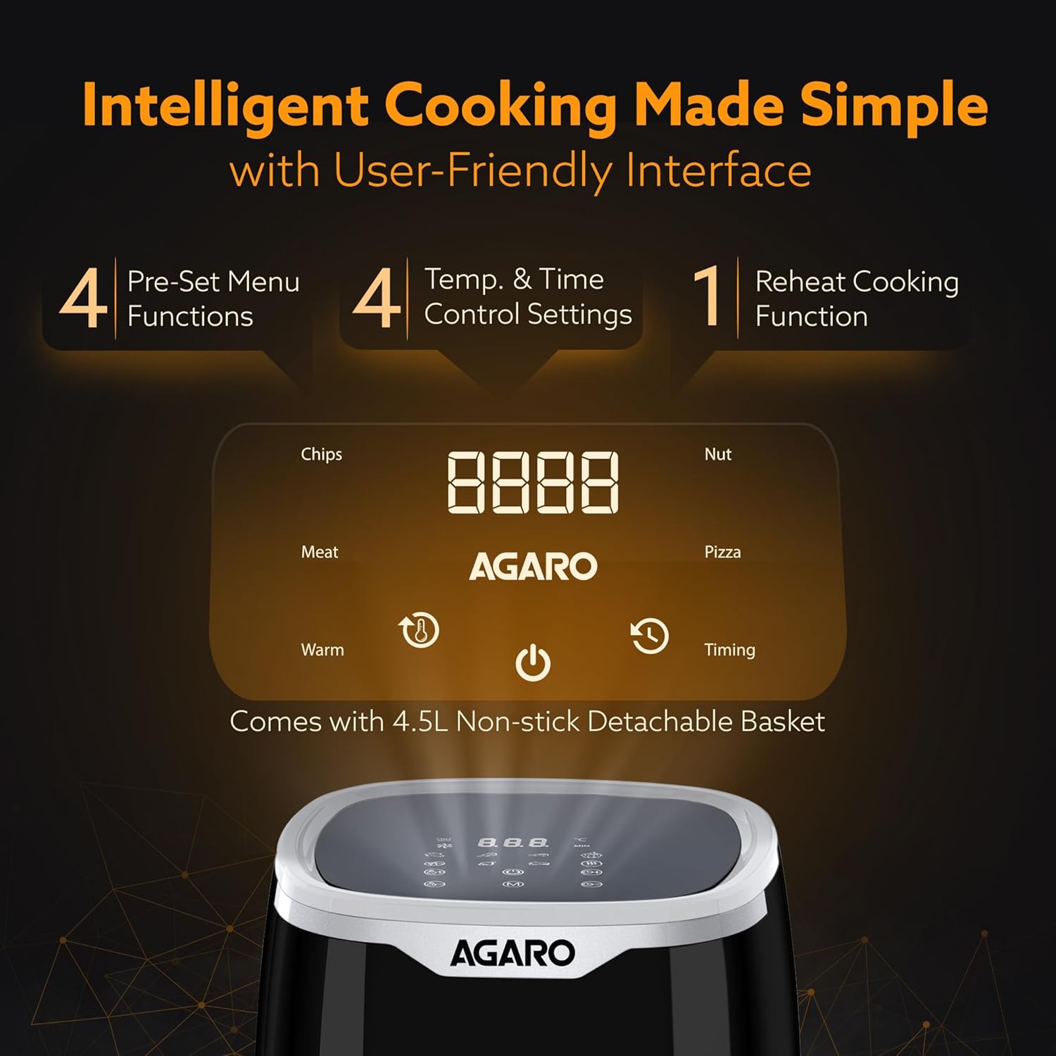 AGARO Galaxy Digital Air Fryer For Home, 4.5L, Electric Air Fryer, Convection Oven, 1400W, 7 Preset Programs & Reheat, 360 Degrees Air Circulation, Digital Touch Display, Bake, Roast, Toast, Black