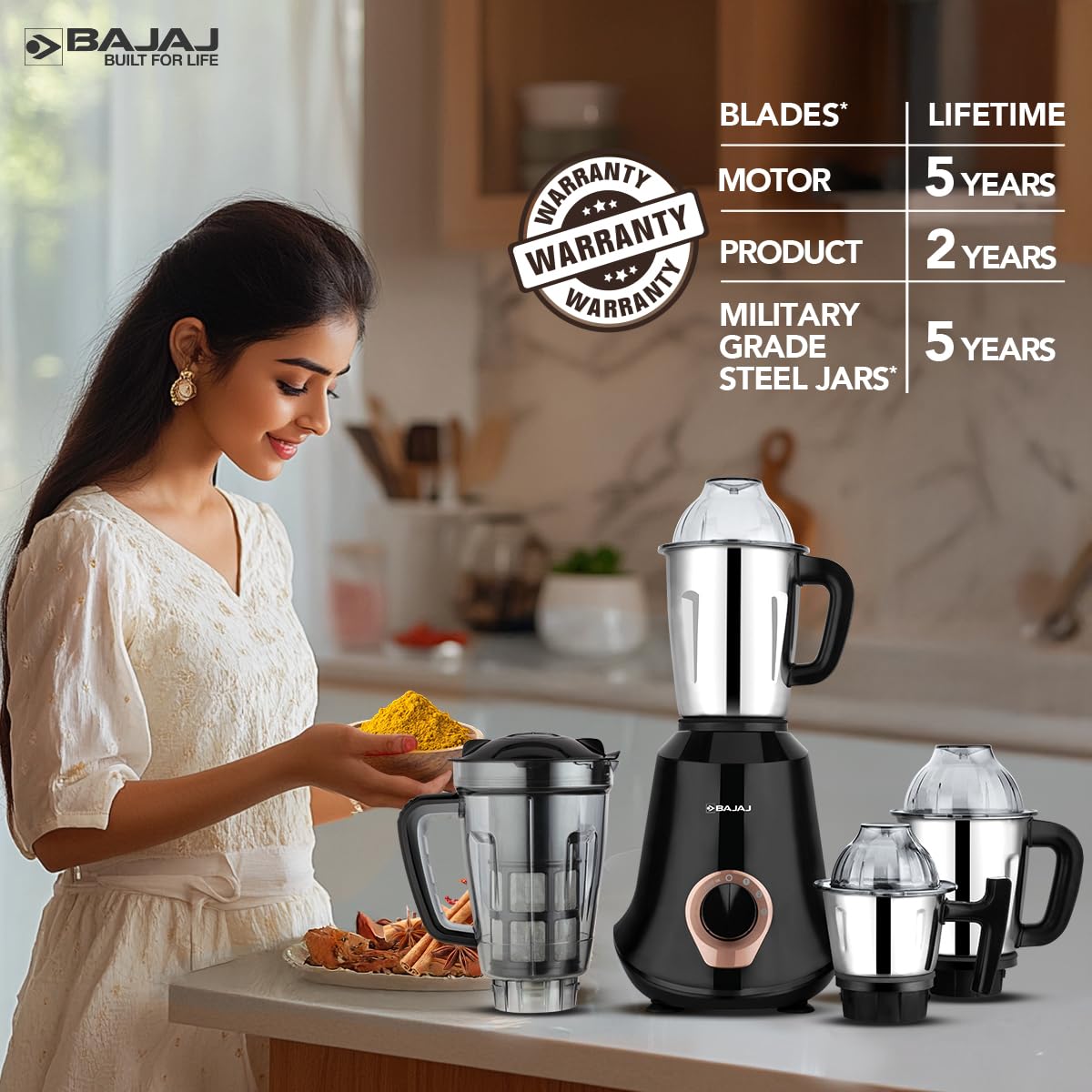 Bajaj Military Series Glamore 1000 W Mixer Grinder With 4 Jars (3 Stainless Steel Jars + 1 Fruit Filter Jar) | DuraCut Blades | Powerful Titan Motor | Unbeatable Toughness | 2 Yrs Warranty【Jet Black】