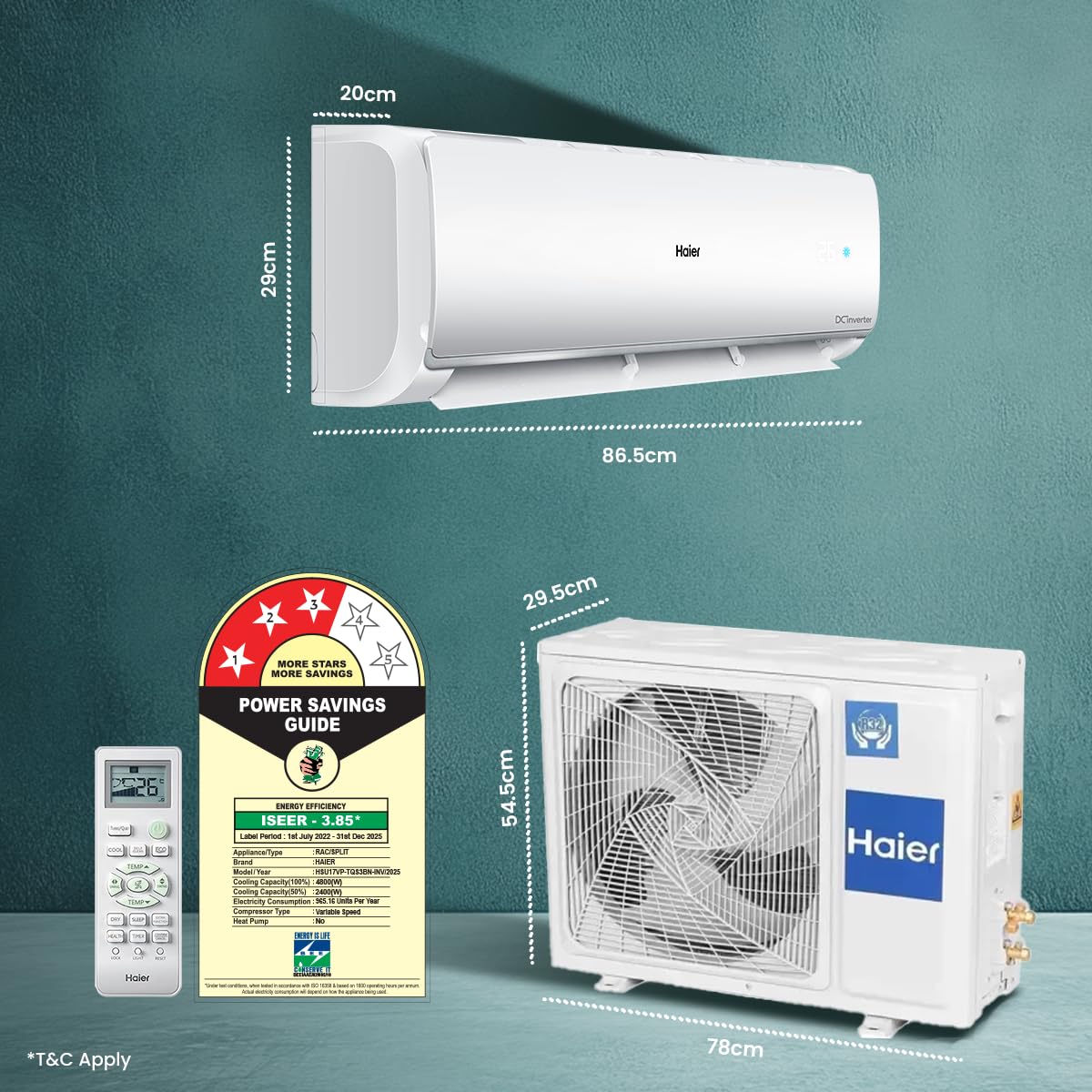 Haier 1.5 Ton 3 Star Twin Inverter Split AC (Copper, 7 in 1 Convertible, Frost Self Clean, HD Filter, Cools at 54°C, Long Air Throw - HSU17VP-TQS3BN-INV, White)