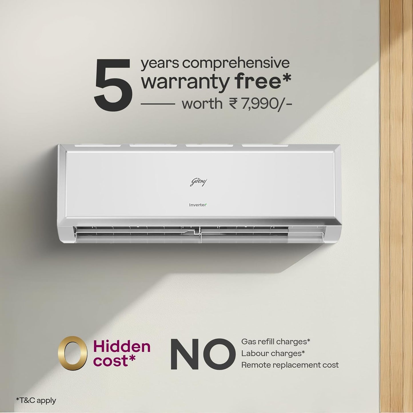 Godrej 1 Ton 3 Star, 5 Years Comprehensive Warranty, AI Powered, 5-In-1 Convertible Cooling, Inverter Split AC (Copper, 2025 Model, Heavy duty cooling at 52 °C, AC1T EI 12PINV3R32 WYQ 3S, White)