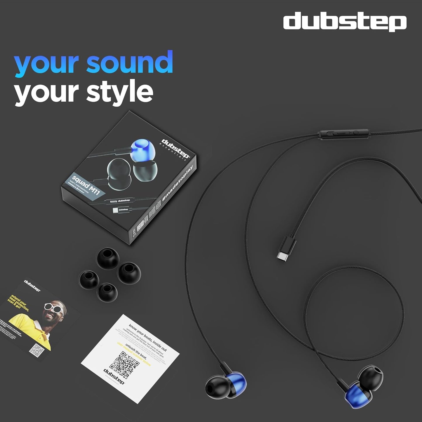Dubstep Squad M11 with X-Bass Technology, 10mm Dynamic Drivers, Inline Control, Type-C Earphones with Mic (Blue & Black)