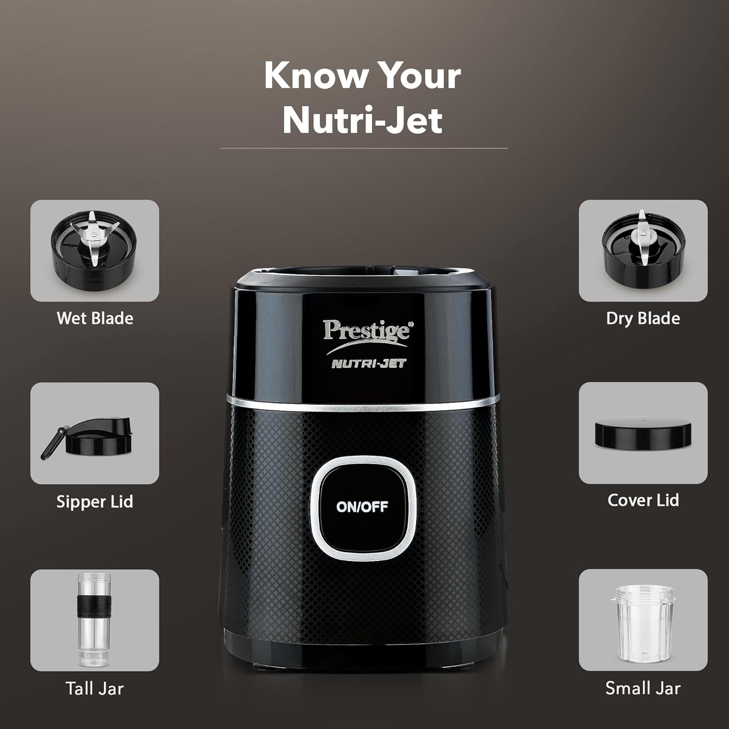 Prestige Nutri-Jet Mixer Grinder with 2 Jars| 450 Watts| Sipper Lid & Additional Cover Lid| ISI Certified| One-Touch Operation, Black