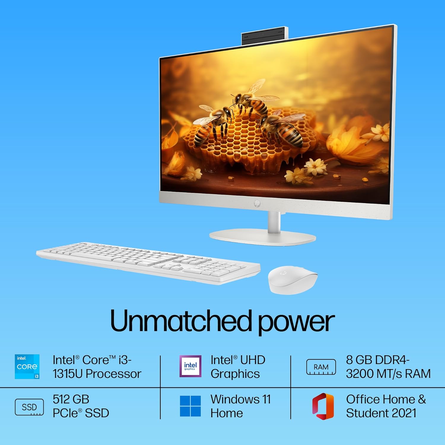 HP AIO, 13th Gen Intel Core i3-1315U,(8GB DDR4,512GB SSD) 300 nits, Anti-Glare, 23.8inch(60.5cm) FHD, Win11, M365, Office24, Shell White, 5.27kg, FHD IR tilt Camera w/Privacy Shutter, 24-cr0901in