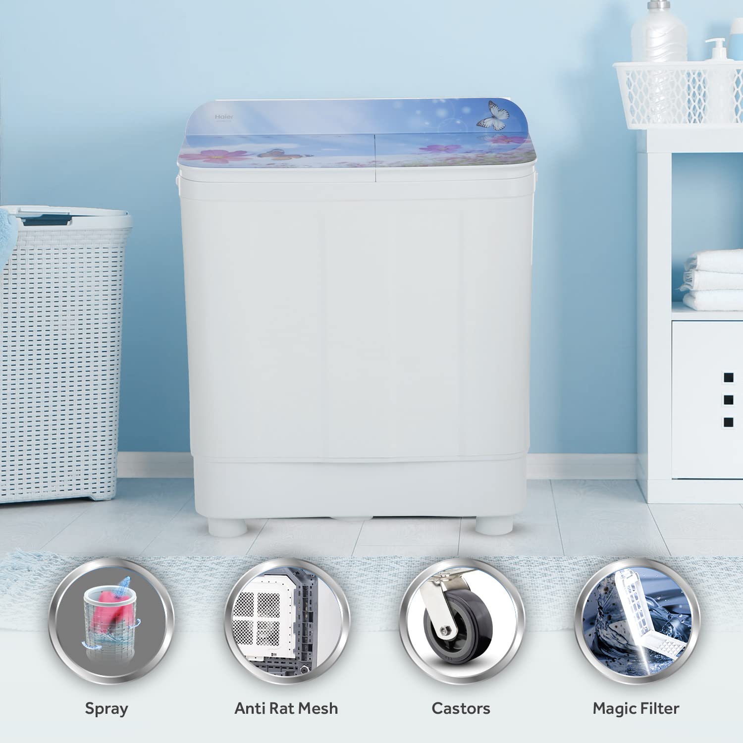Haier 9.5 Kg 5 Star Voltex Pulsator Semi-Automatic Top Load Washing Machine (HTW95-178, Flowers World)