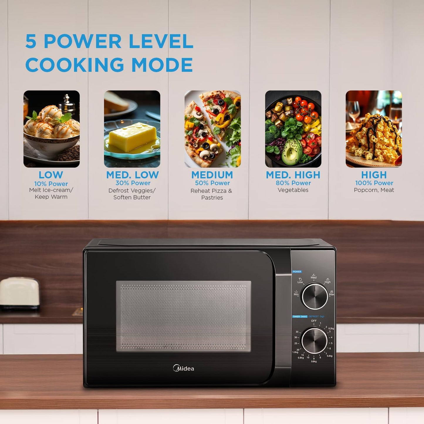 Midea 20L Solo Microwave Oven (MMO20CXAMMPEBK, Black, 5 power levels & Defrost function)