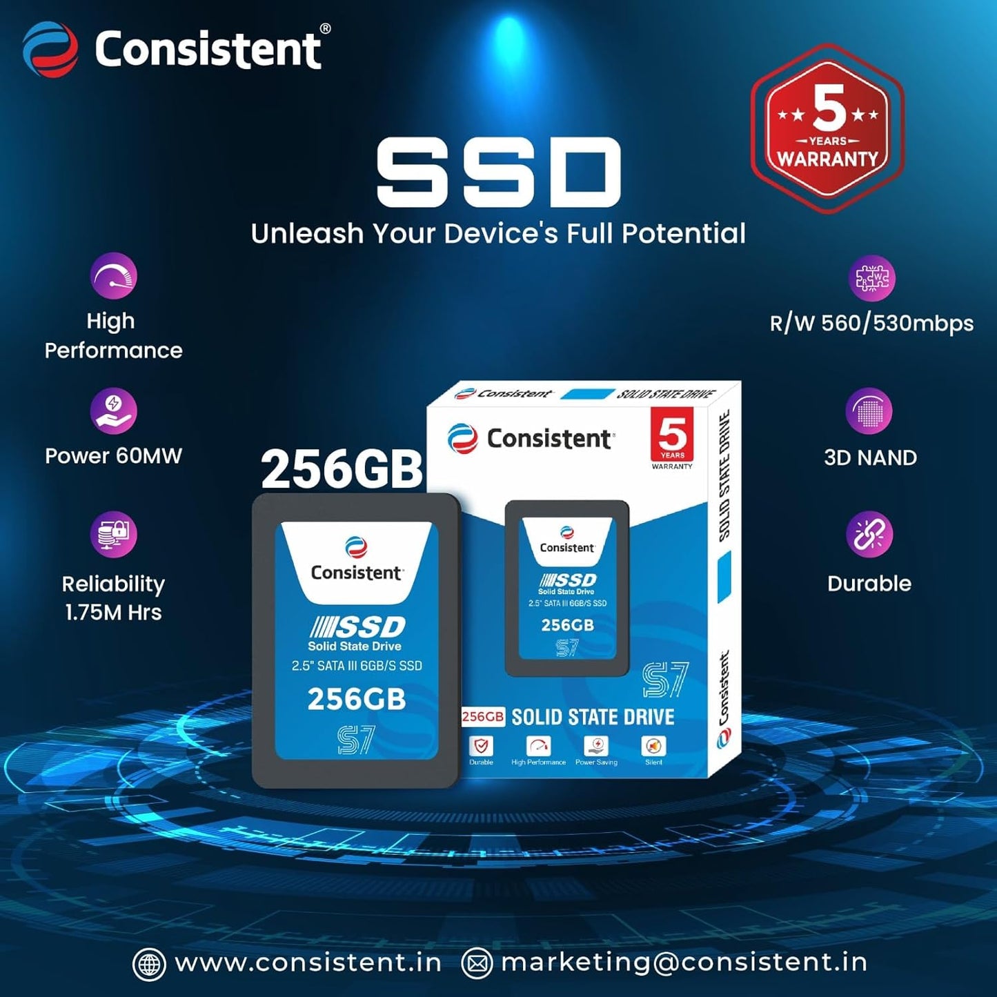 Consistent SSD 256GB 2.5 Inch SATA Internal SSD - Read: 550MB/s & Write: 500MB/s - Solid-State Drive 5 Year Warranty (256, GB)