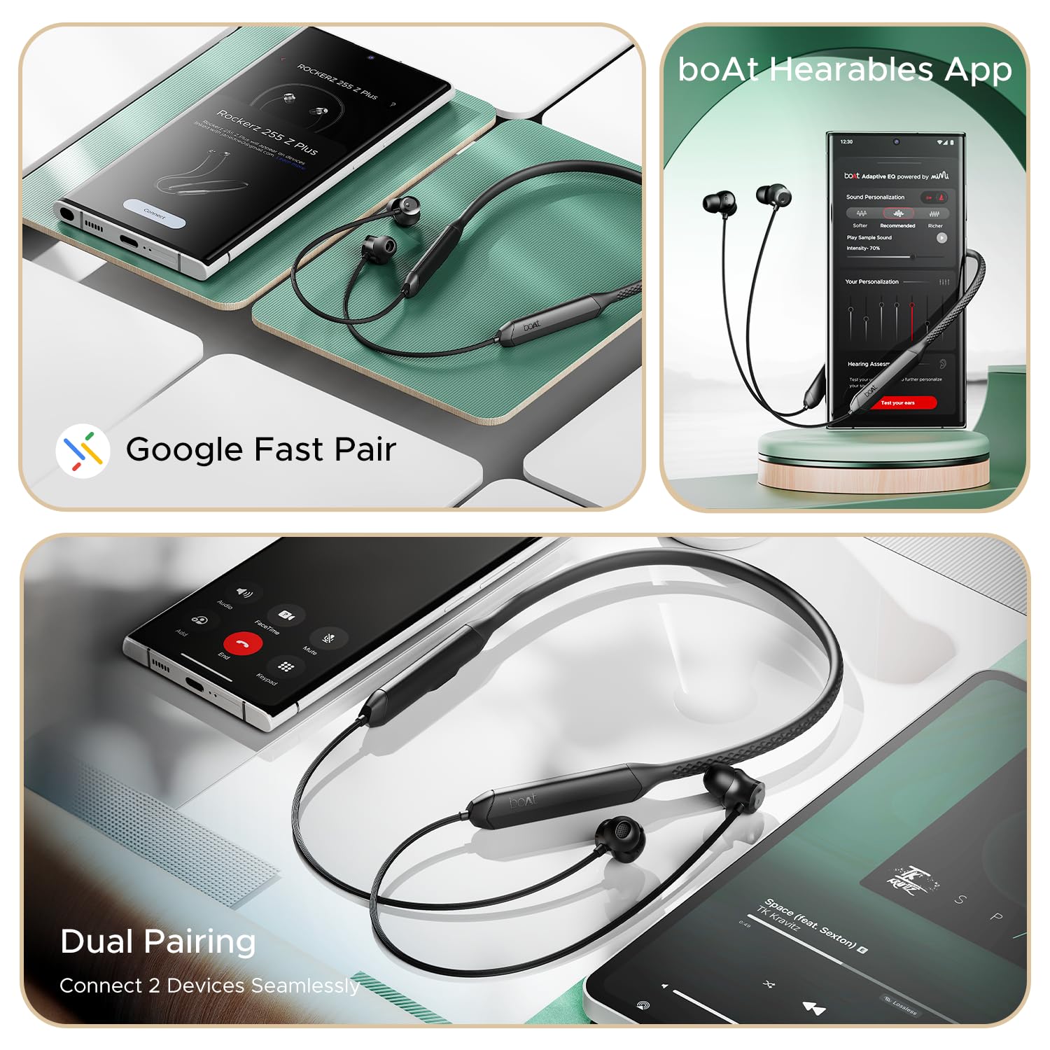 boAt Rockerz 255 Z Plus, AI-Enx Tech, Spatial Audio, 50HRS Battery, Low Latency Mode, Fast Charge, App Support, IPX4 BT V5.3, Bluetooth Neckband, Wireless With Mic In ear Phones (Active/Classic Black)