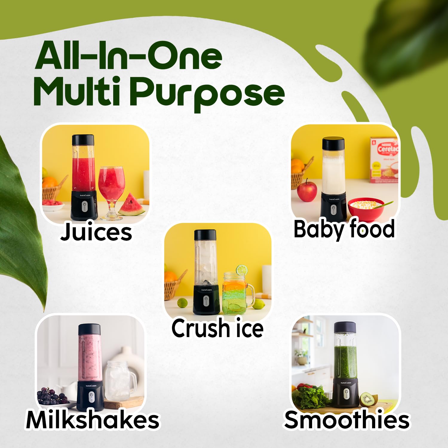 InstaCuppa Stainless Steel Portable Blender for Smoothies & Juices,Mixer Juicer that Crushes Ice,Electric Shaker USB Rechargeable Battery with 4000 mAh 230 Watts Motor,500 ML Juice Maker,Black