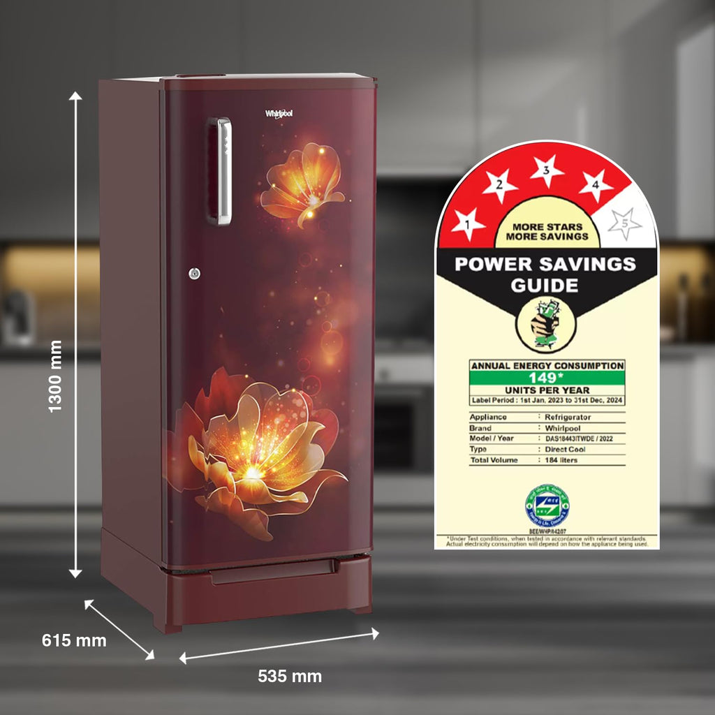 Whirlpool 184 L 4 Star Inverter Direct-Cool Single Door Refrigerator (205 WDE ROY 4S Inv WINE RADIANCE-Z, Base Stand with Drawer, 2023 Model)